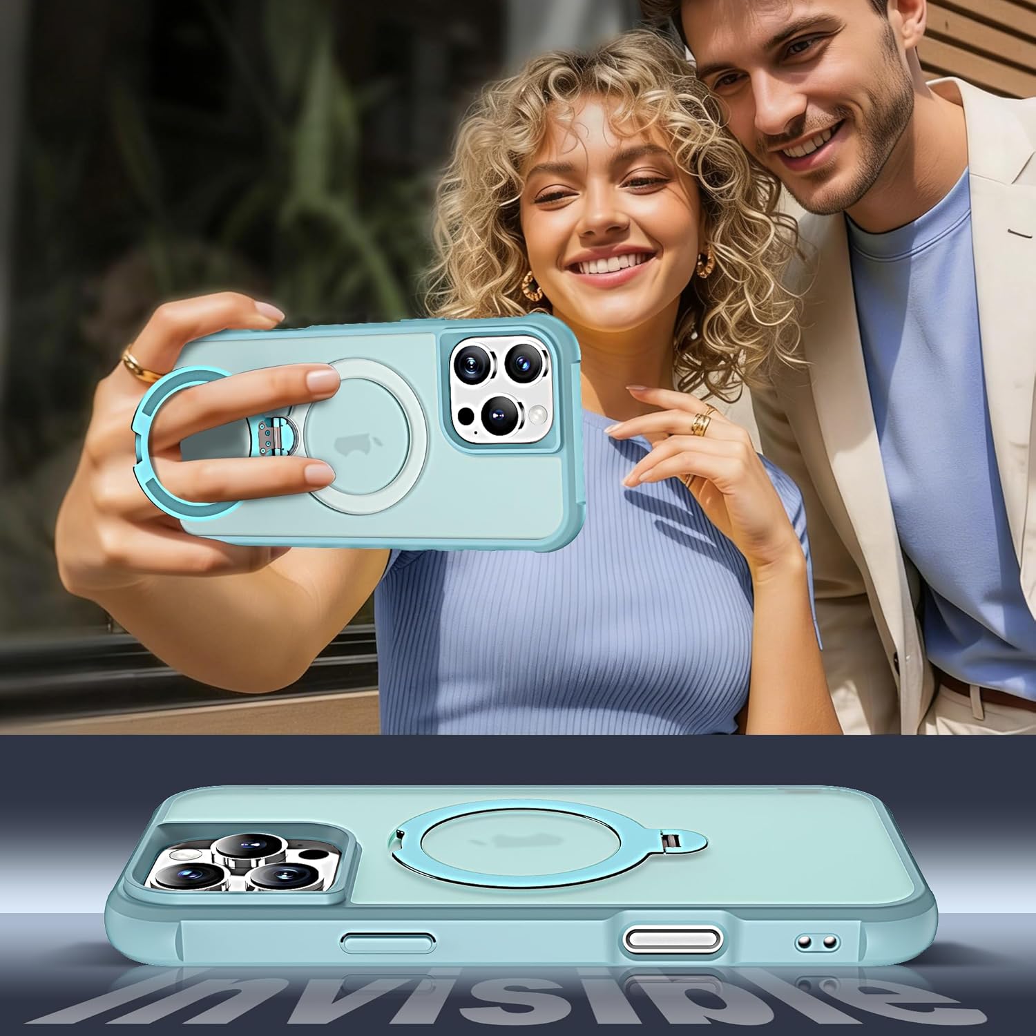 Compatible with iPhone 16 Pro Case with Magnetic 360°Spin Stand,[Compatible with Mag-Safe] Non-Slip Edge Military-Grade Protection Translucent Case for 16 Pro 6.3", Blue