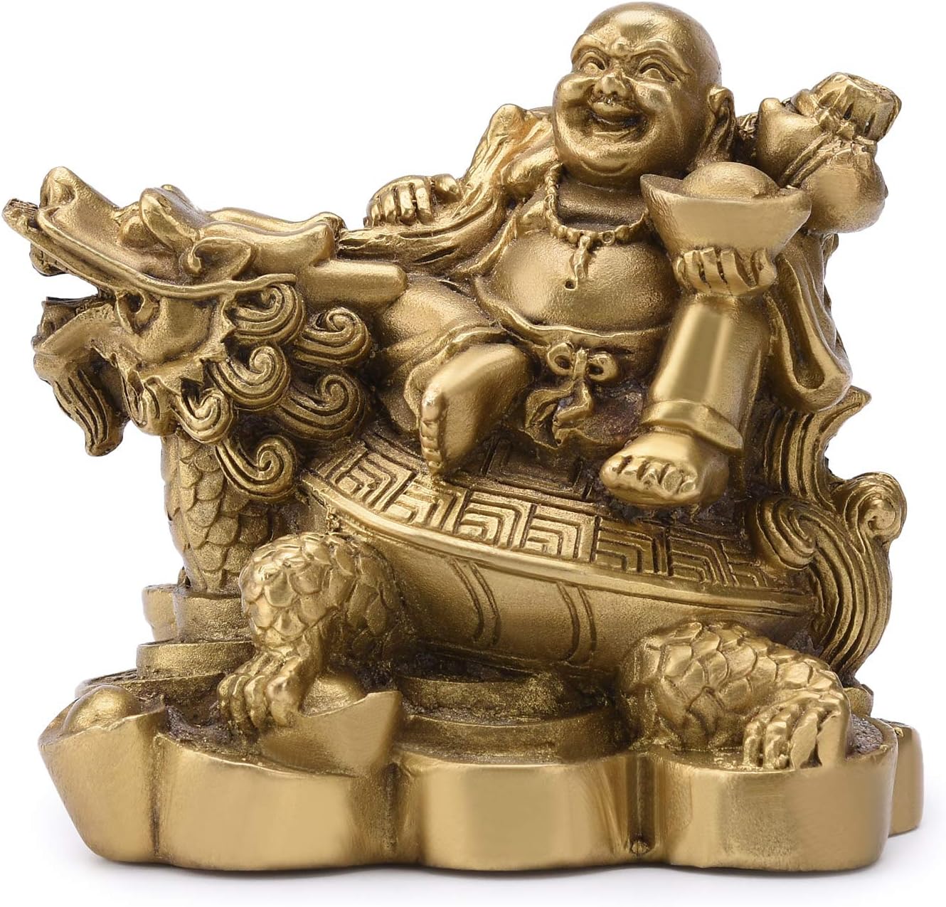 BRASSTAR 4.5”(H) Ruyi Laughing Buddha and Turtle-Wealth, Good Fortune, Health Buddha Statue for Home Office Decor PTZY062