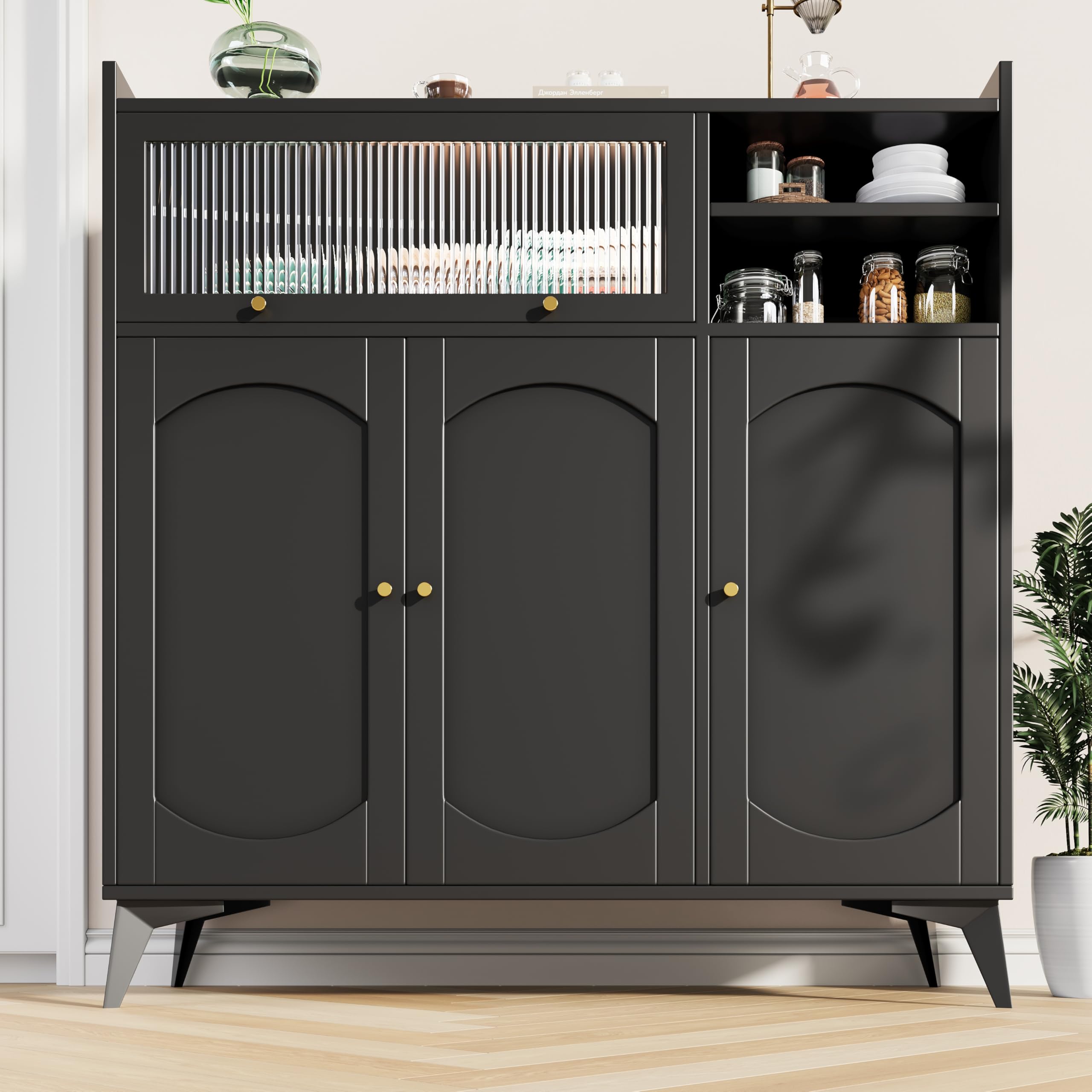 Merax Sideboard Large Storage Cabinet with Glass Door and Golden Handle, 120x39.8x118.5cm, Modern Minimalist Design, for Dining Room or Living Room