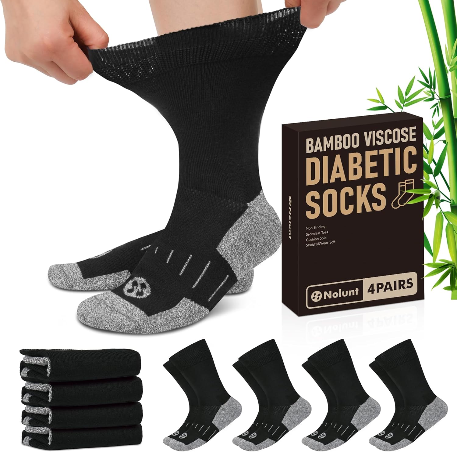 Diabetic Socks for Men,4 Pairs Non Binding Loose Wide Top Crew Socks for Men Size 9-11/10-13/13-15.