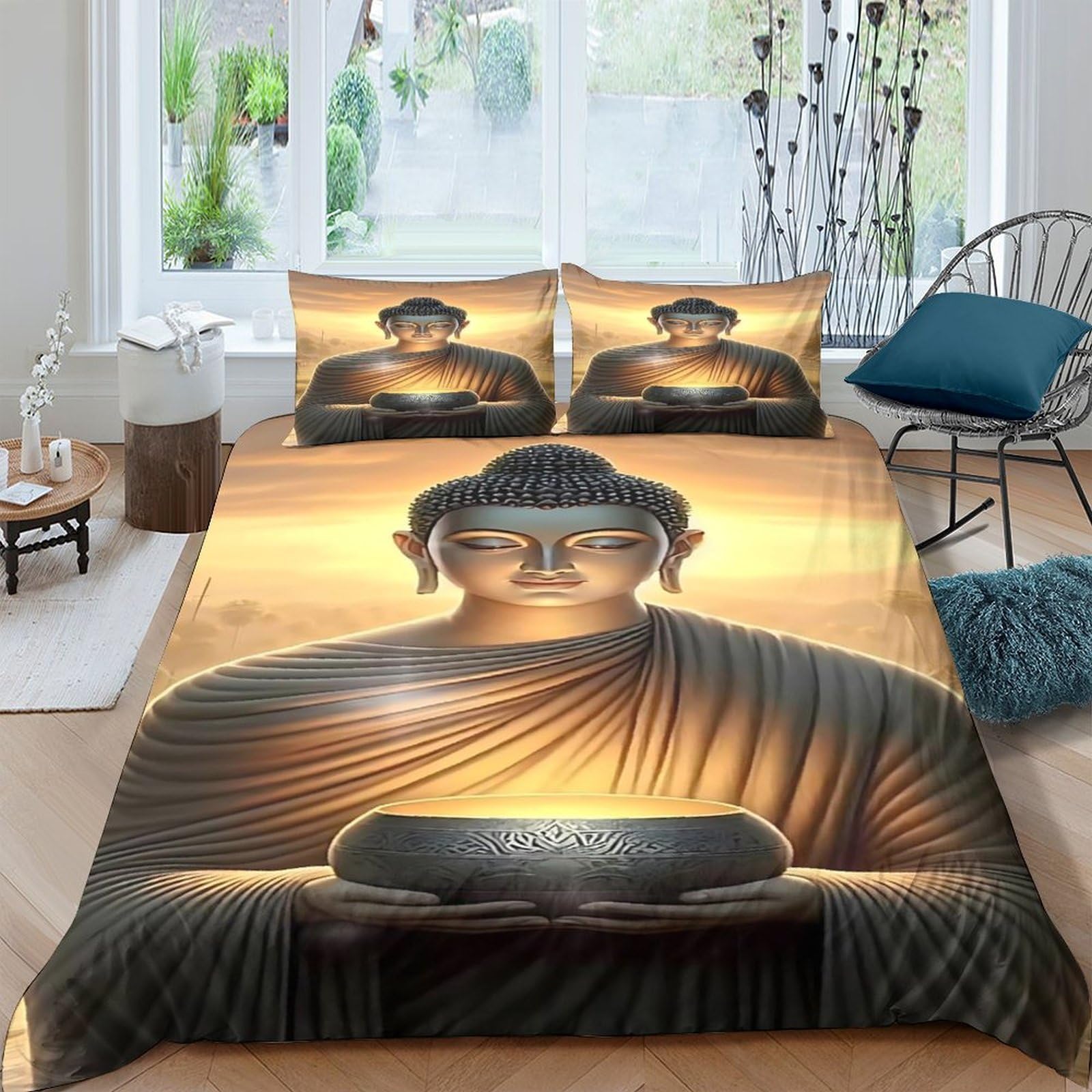 GPLZQXKJNH 3D Printed Buddha Meditation Duvet Cover Set Microfiber Soft Breathable Golden Glow Quilt Cover with 2 Pillowcases for Bedroom Decor Single（135x200cm）