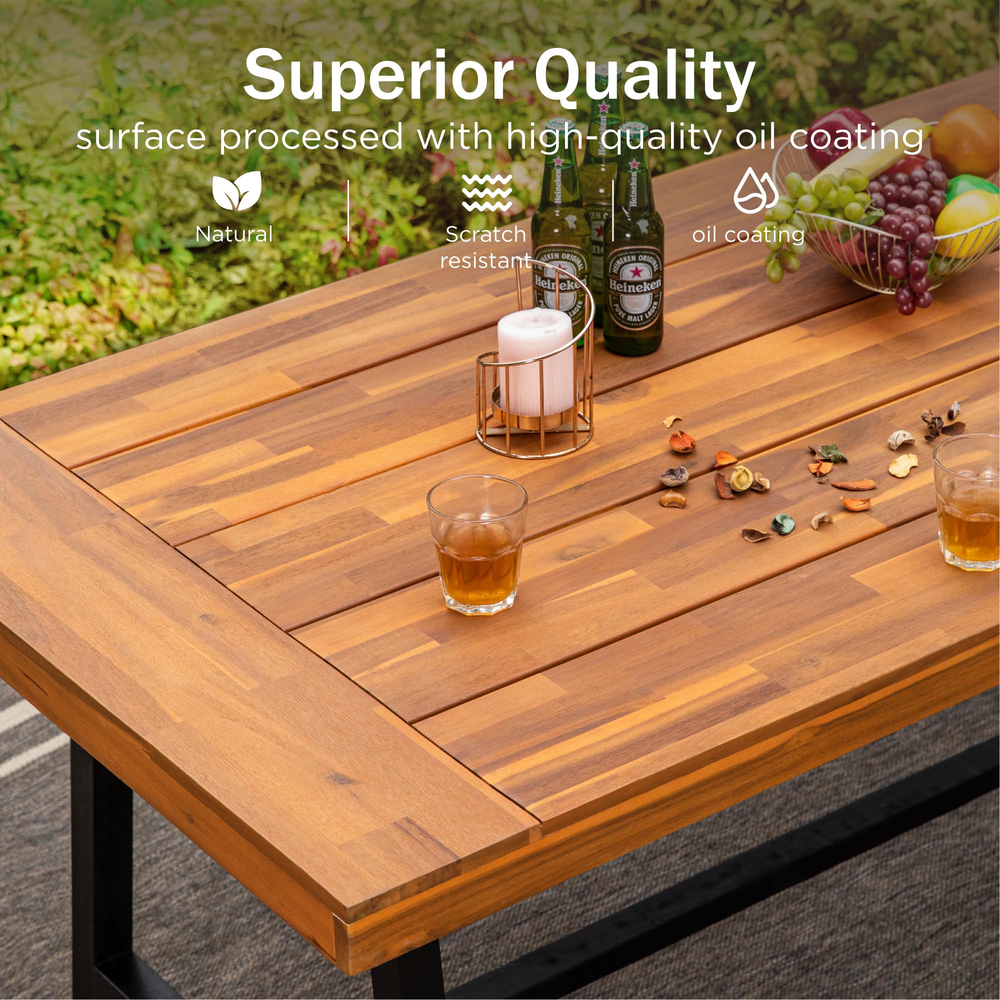 PHI VILLA 63" Outdoor Acacia Wood Bench, Oil Finished, Teak, 1 Pack | Wooden Patio Dining Bench for 2-3 People, Indoor Outdoor Backless Bench with Trapezium Wood Legs for Garden, Porch, Entryway