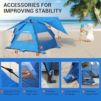 Elegear CumbreXTM Beach Tent with 360 Removable Canopy, 4-6 Person Pop Up Sun Shade Shelter, UPF 50+ Automated Installation Double Silver Coating Portable Lightweight Beach Cabana for Beach/Outdoor