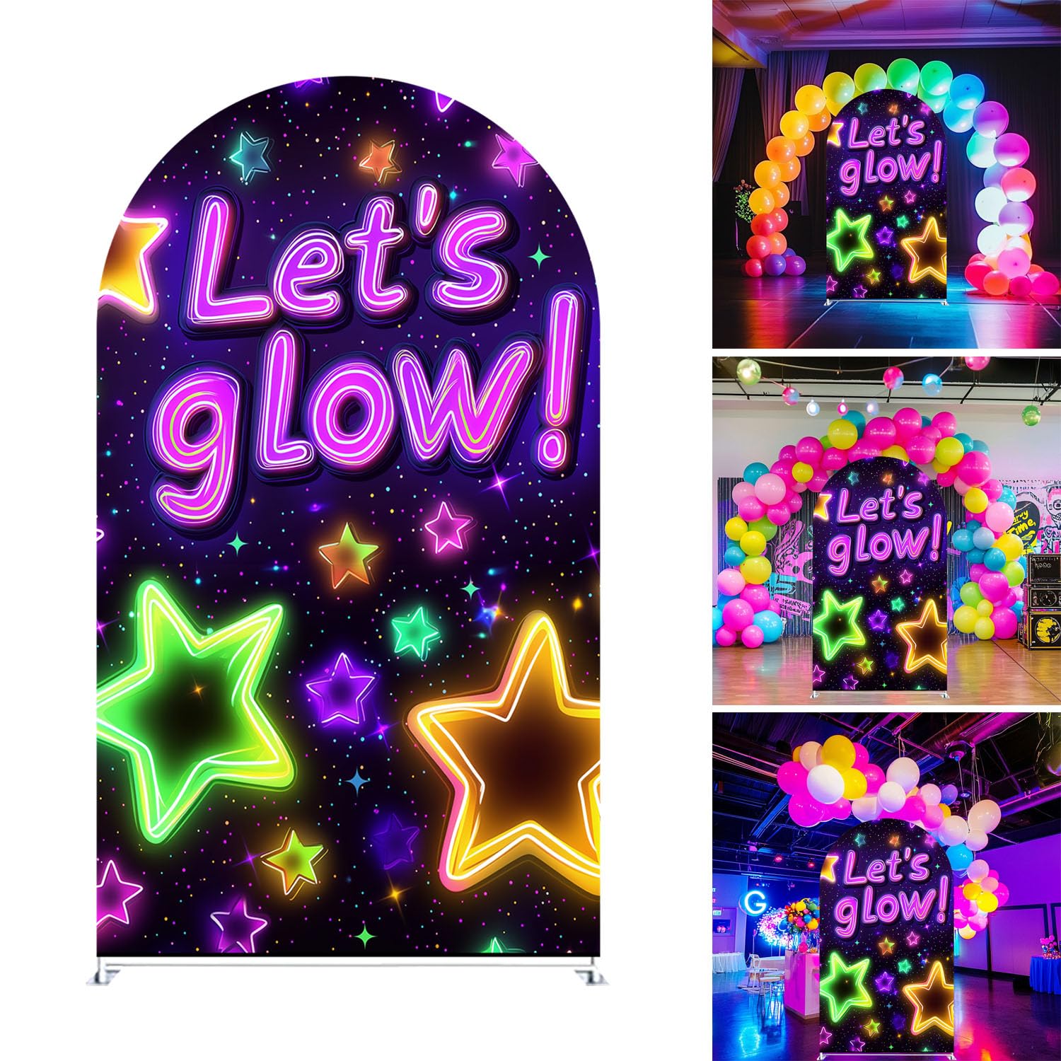 Let's Glow Neon Arched Backdrop Cover Bright Star and Glow Party Design for Neon or Blacklight Party Decoration Elastic Spandex Cover (G-3544,5x3ft)