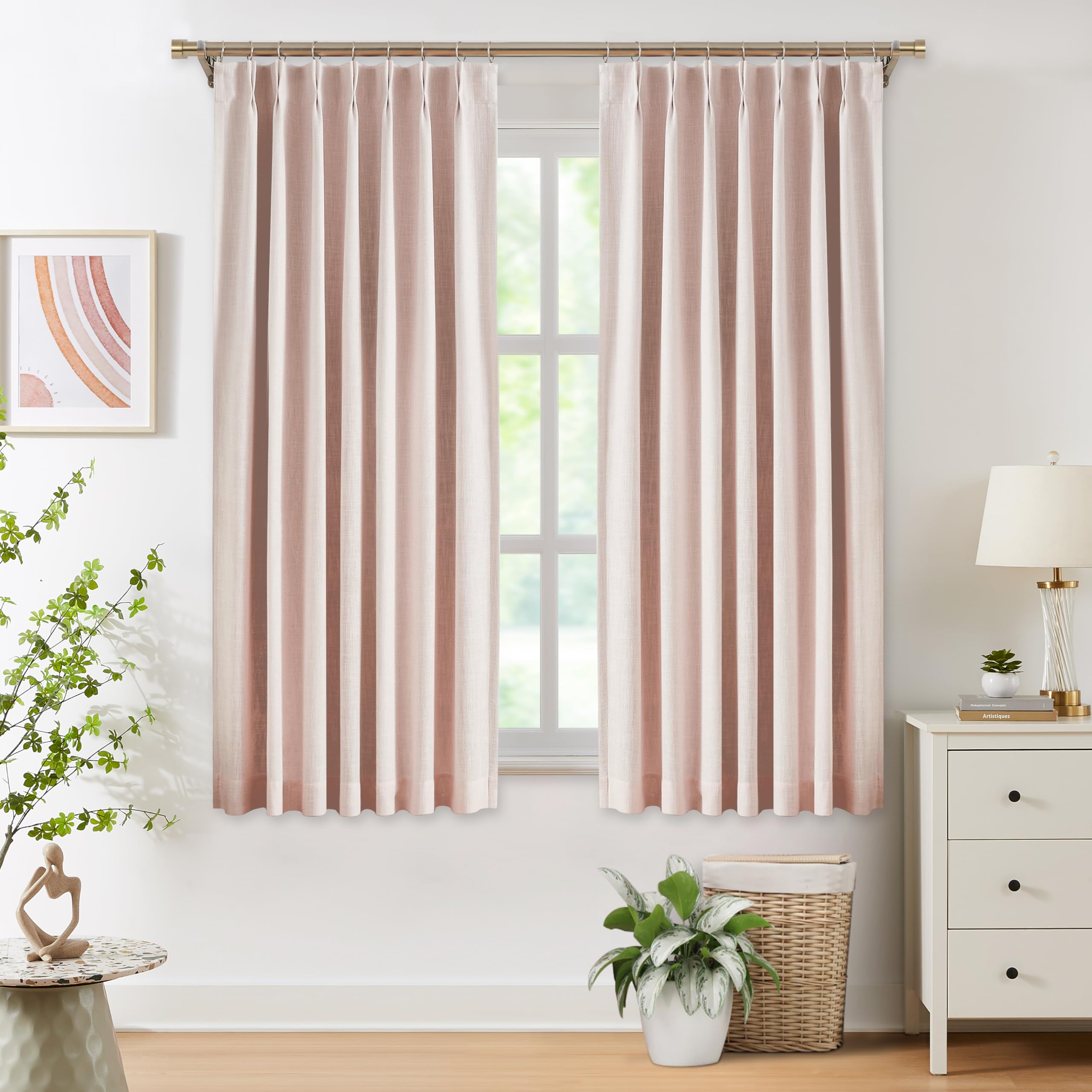WEST LAKE Short Pink Bailey Pinch Pleated Full Blackout Curtain Panels 63 Inches Long with Liners,Textured Pinch Pleat Drapes for Girls Room,Thermal Insulating Window Treatment for Bedroom,40"Wx63"Lx2