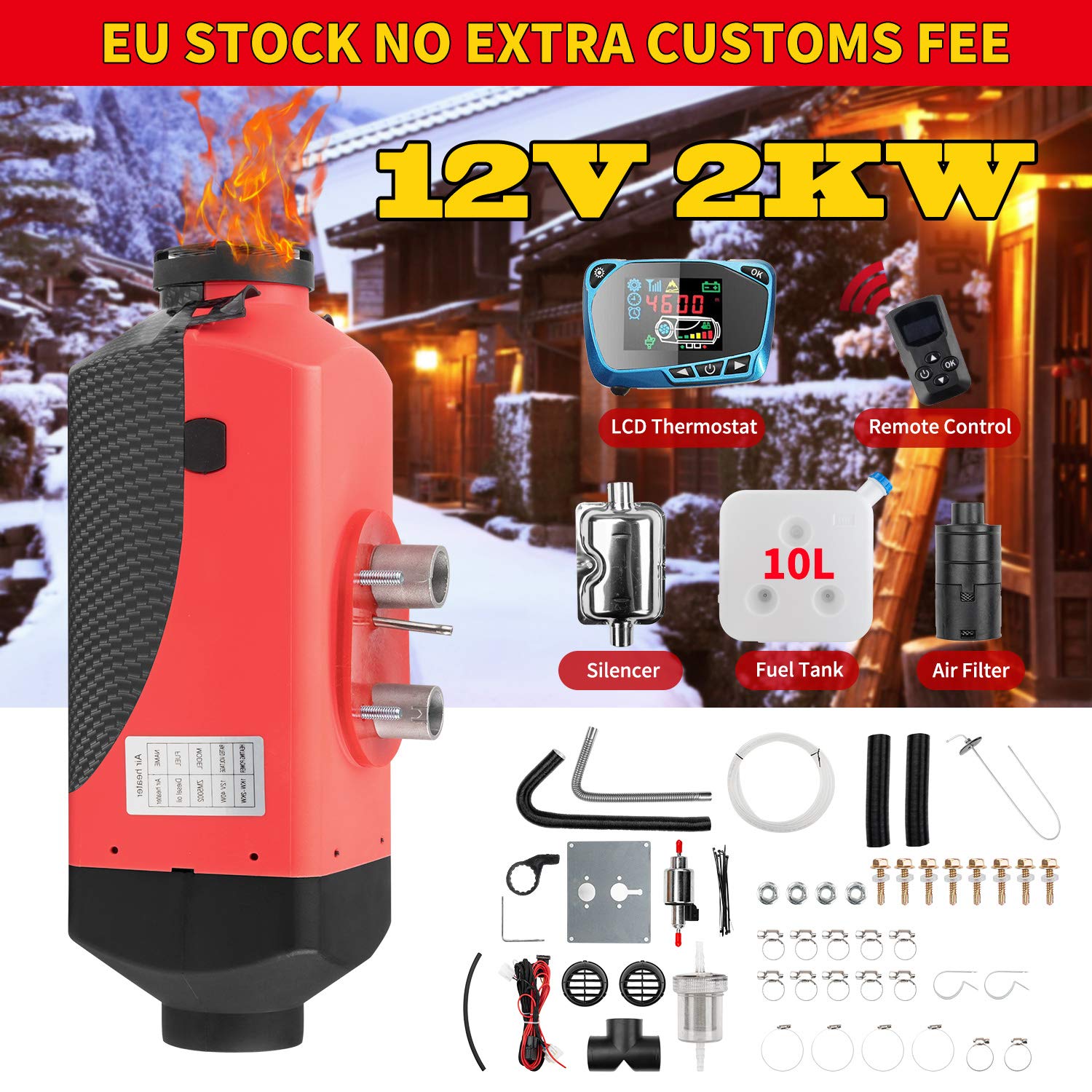 1 INCHHOME Chauffe-air diesel 2KW / 5KW / 8KW Chauffage de stationnement de camion de bateau de voiture 12V avec interrupteur LCD (Carbon Fibre Red, Nouvelle télécommande 2kw)
