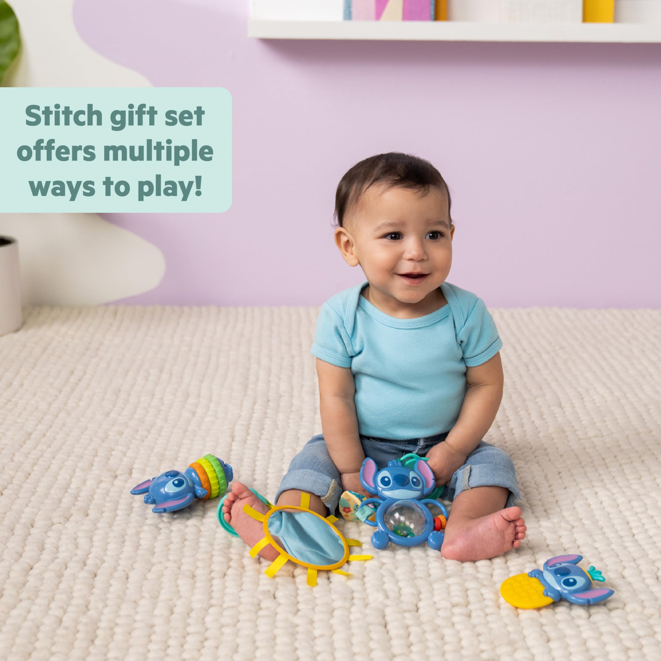 Bright Starts Disney Baby Stitch Tropical Treasures Gift Set including 4 Stitch Inspired Toys Including Baby-Safe Mirror and Teether - Image 2