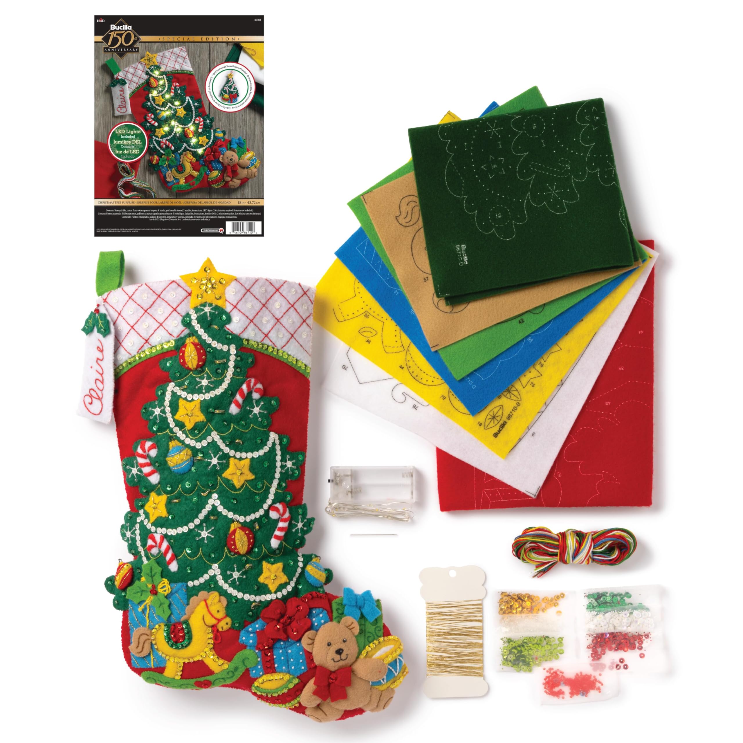 Bucilla Felt Stocking Applique Kit 18" Lungo Christmas Tree Surprise w/String Lig
