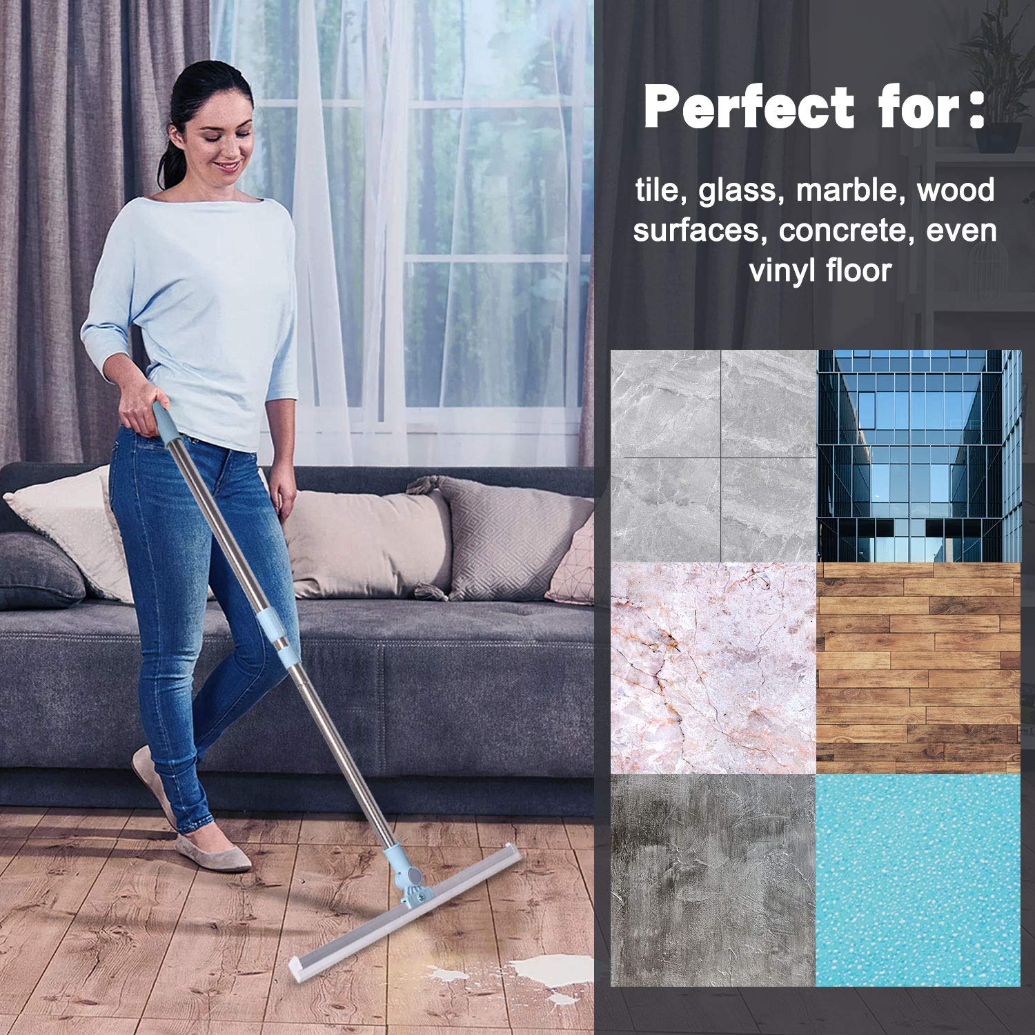 Escobilla de Goma de 50 cm Pare Suelo, Escoba de Goma con Mango 130cm Ajustable, Enjugador de Ducha de Alta Resistencia para Cuartos Húmedos, Azulejos, Baño, Suelos, Ventanas