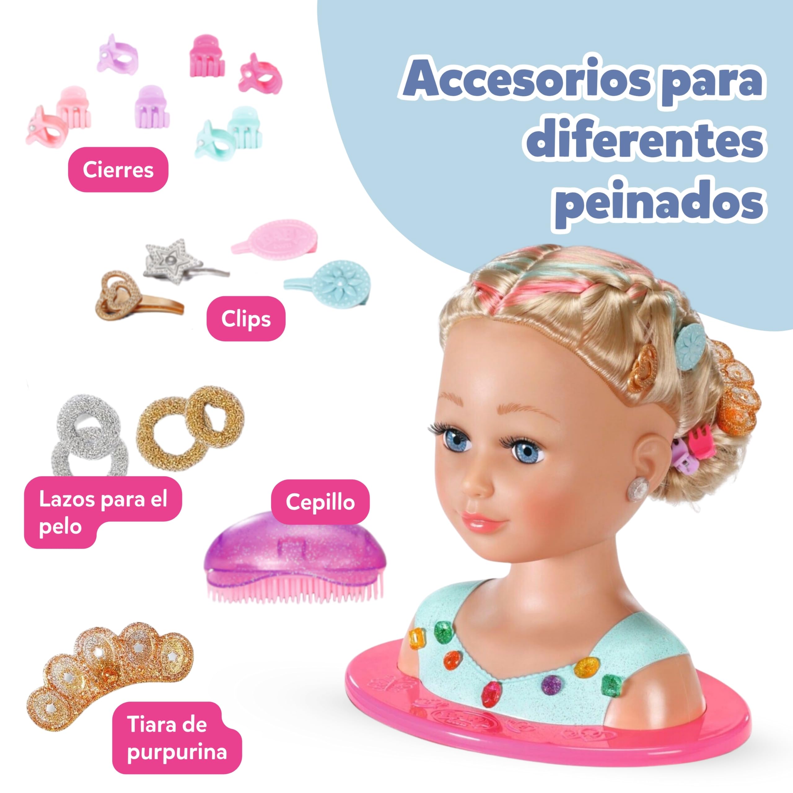 Baby born Cabeza de Peinado Princesa con Accesorios | Paleta de maquillaje, cepillo y accesorios de peinado, pelo largo
