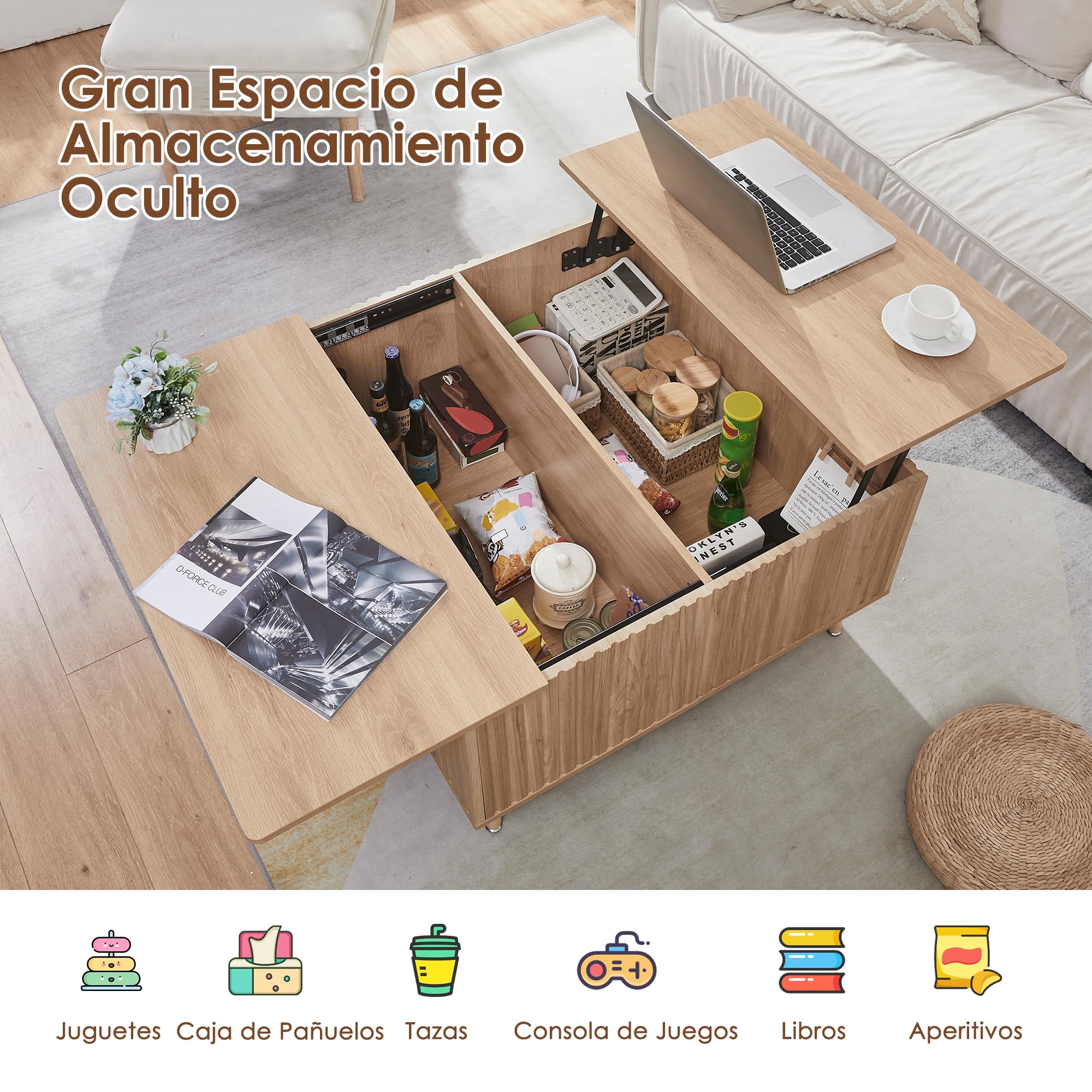 Mesa de centro cuadrada con estante extensible, mesa de centro de altura ajustable con espacio de almacenamiento y superficie acanalada para sala de estar, oficina en casa, estudio o escritorio.