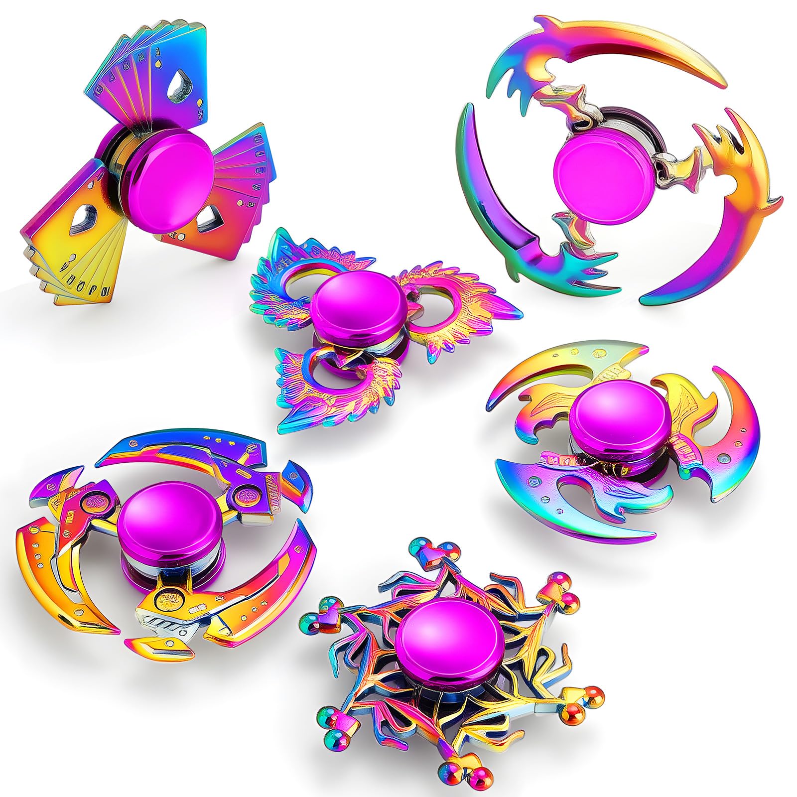 SCIONE Metal Fidget Spinners 6 Pack, Mecha Armor Style Alloy Sensory Fidget Toys for Kids Adults, 2-3 Minute High Speed Spin, Cool Gear Design Fingertip Gyro, Classroom Prizes Stocking Stuffers