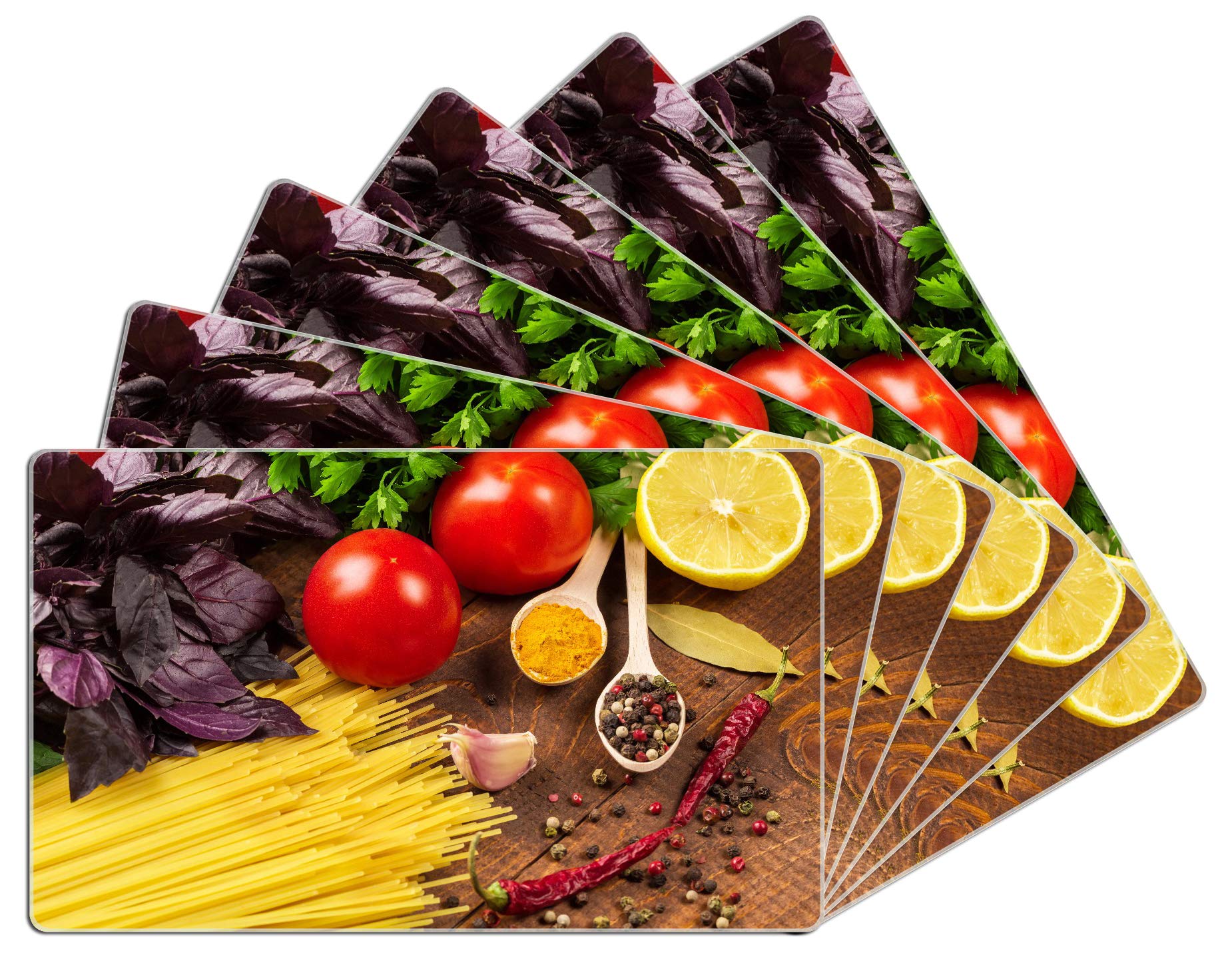 Wallario 6er Set Frühstücksbrettchen aus Glas, Glasunterlage, Glasbrettchen Italienisches Menü mit Spaghetti, Tomaten, Basilikum und Gewürzen, Größe 14 x 23 cm, Sicherheitsglas