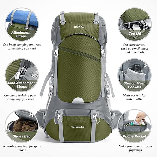 Miniatura 4 de HOMIEE 50L Hiking Backpack Travel Bag Waterproof Camping Rucksack with Rain Cover Lightweight Backpacking Backpack