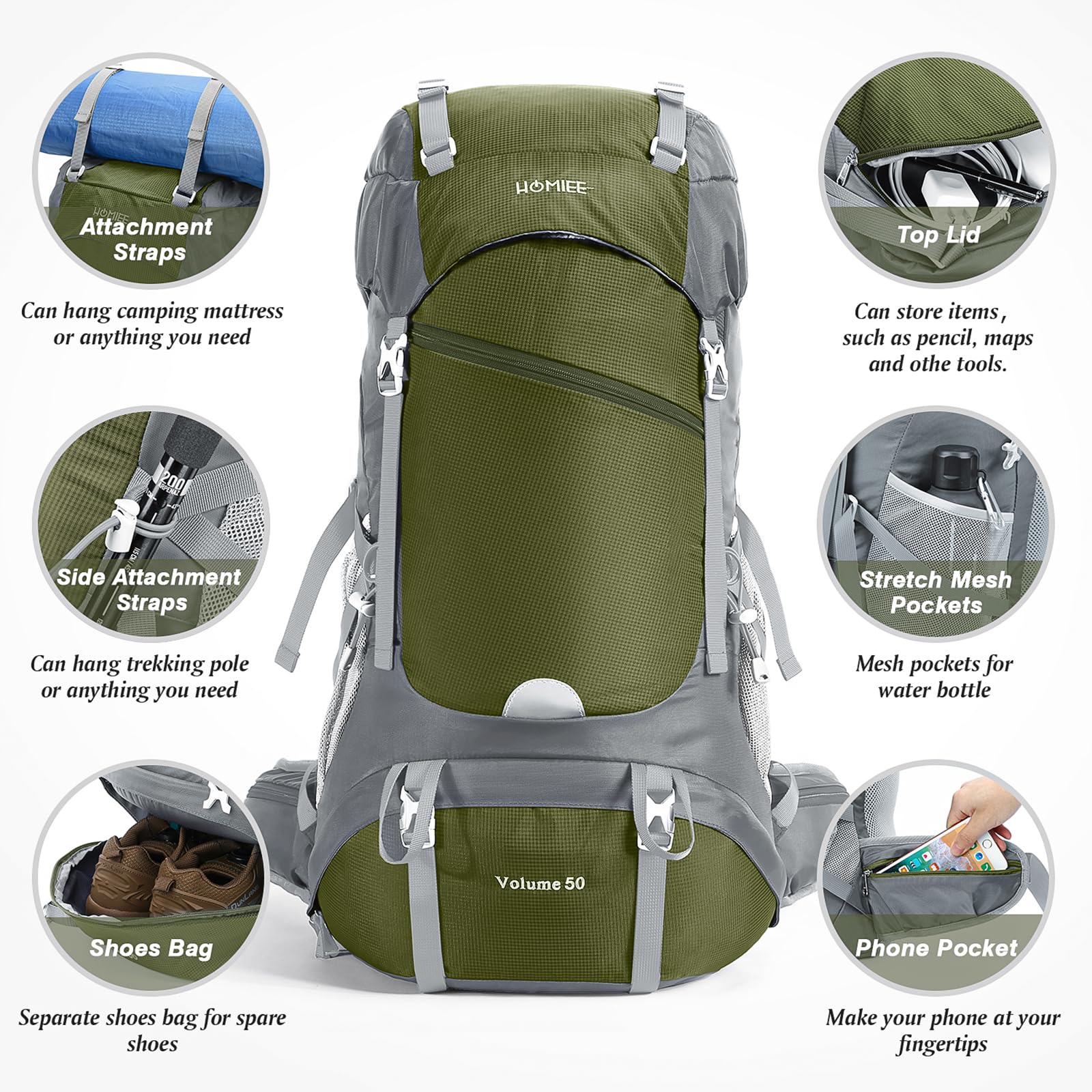 HOMIEE Zaino da Trekking 50L 60L Zaini da Escursionismo Zainetto Leggero Zaino Viaggi di Campeggio Montagna con parapioggia Zaino per Alpinismo Impermeabile Daypack da Arrampicata