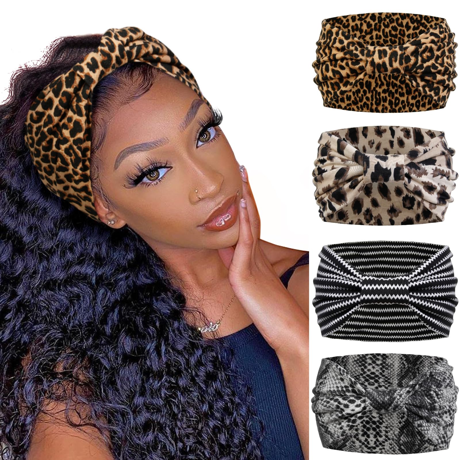 Huachi Wide Headbands for Women African Leopard Printed Head Bands for Women’s Hair Knotted Non Slip Headwrap Turban Sport Yoga Girls Bandeau Hair
