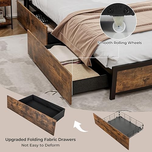 Miniatura 34 de Giantex Base de cama tamaño Queen con 4 cajones, base de cama de plataforma metálica industrial con estribo, agujeros reservados para cabecera, base