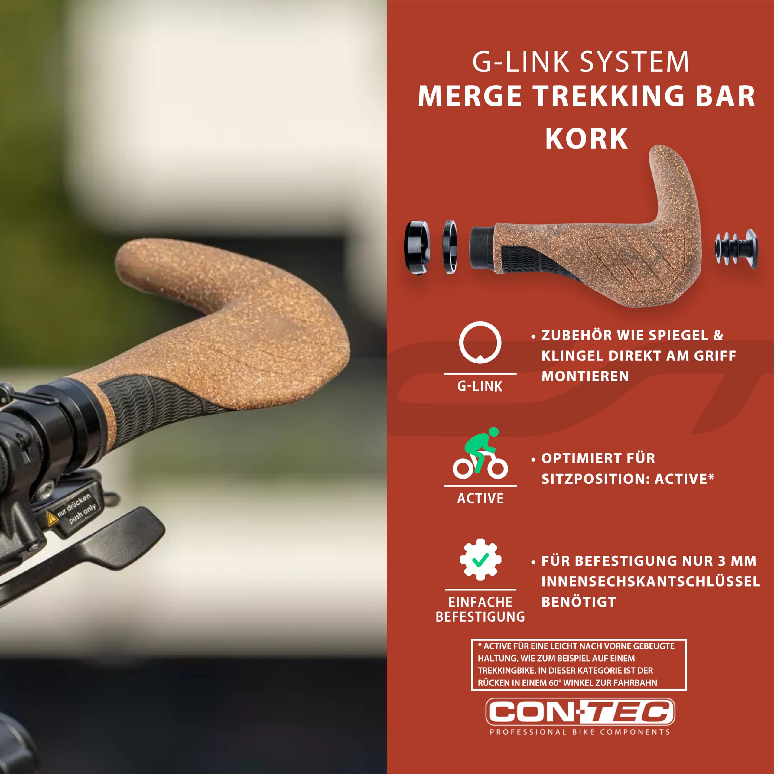 CONTEC Fahrrad-Griffe Merge Trekking Bar Kork, Länge 140mm, D3-Dreikomponenten, G-Link System, Ergonomisch, Stoßdämpfend, mit BarEnds, braun, Paar