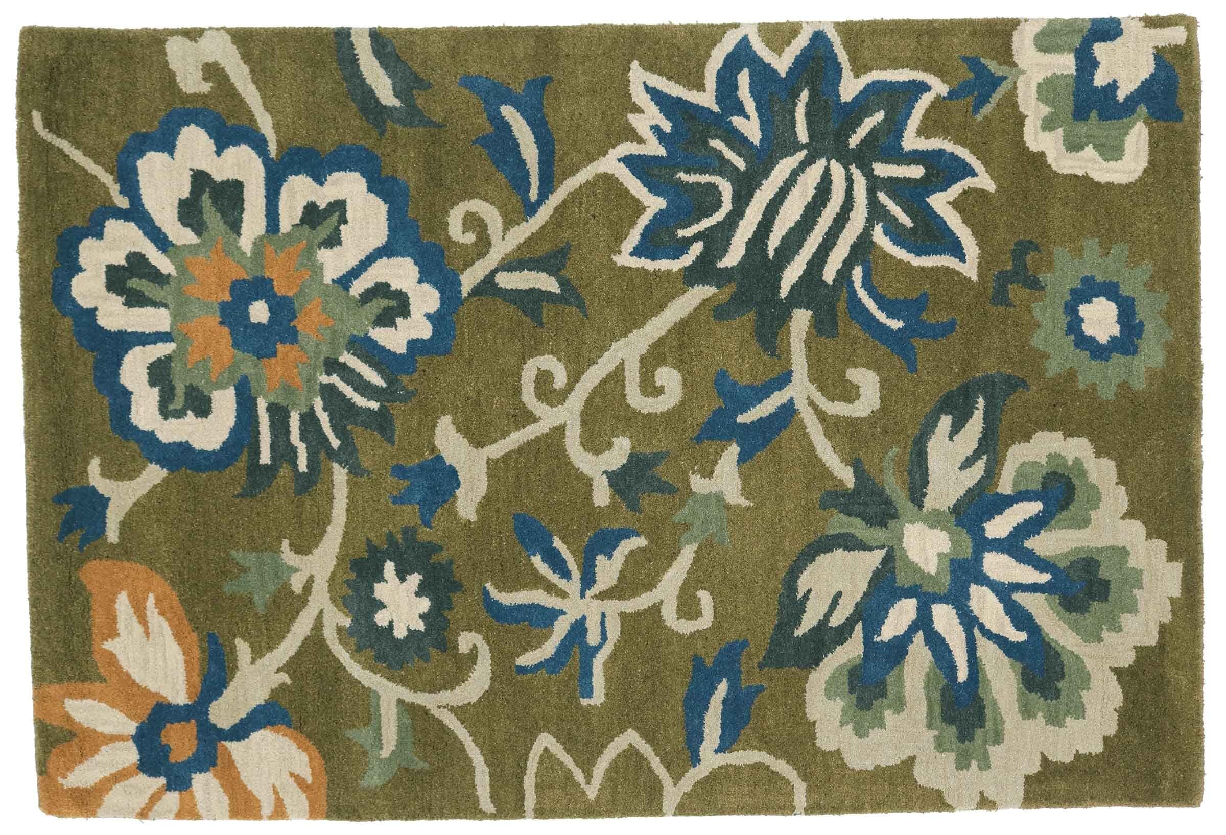 Tapis à poils courts fait main d'exception au design floral moderne 155