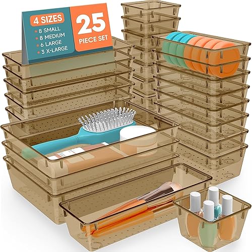 Juego de 25 organizadores de cajones de plástico, 4 tamaños versátiles bandejas organizadoras y contenedores de almacenamiento para maquillaje,