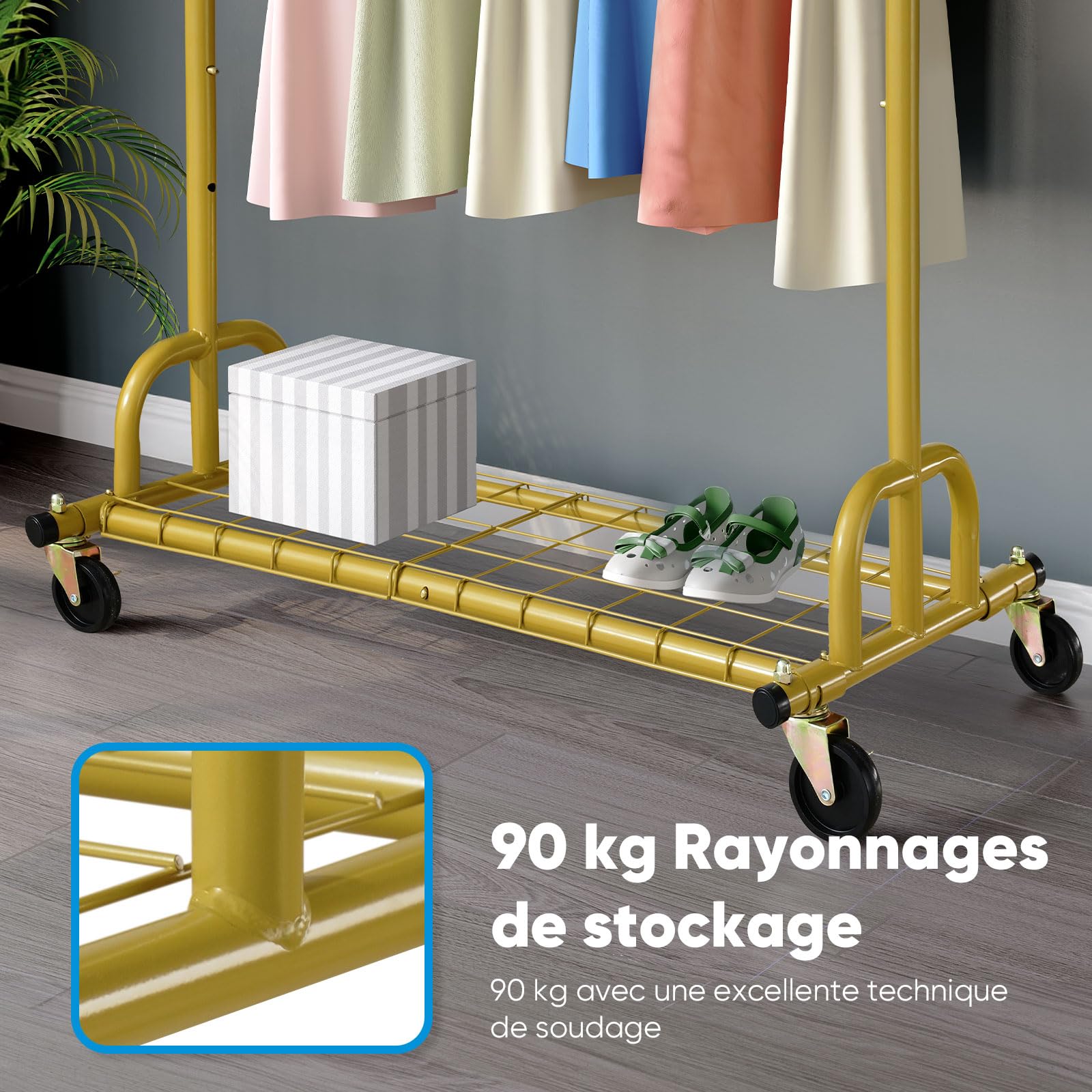 HOKEEPER Portant à vêtements avec étagères, capacité de 200 kg, sur roues, doré