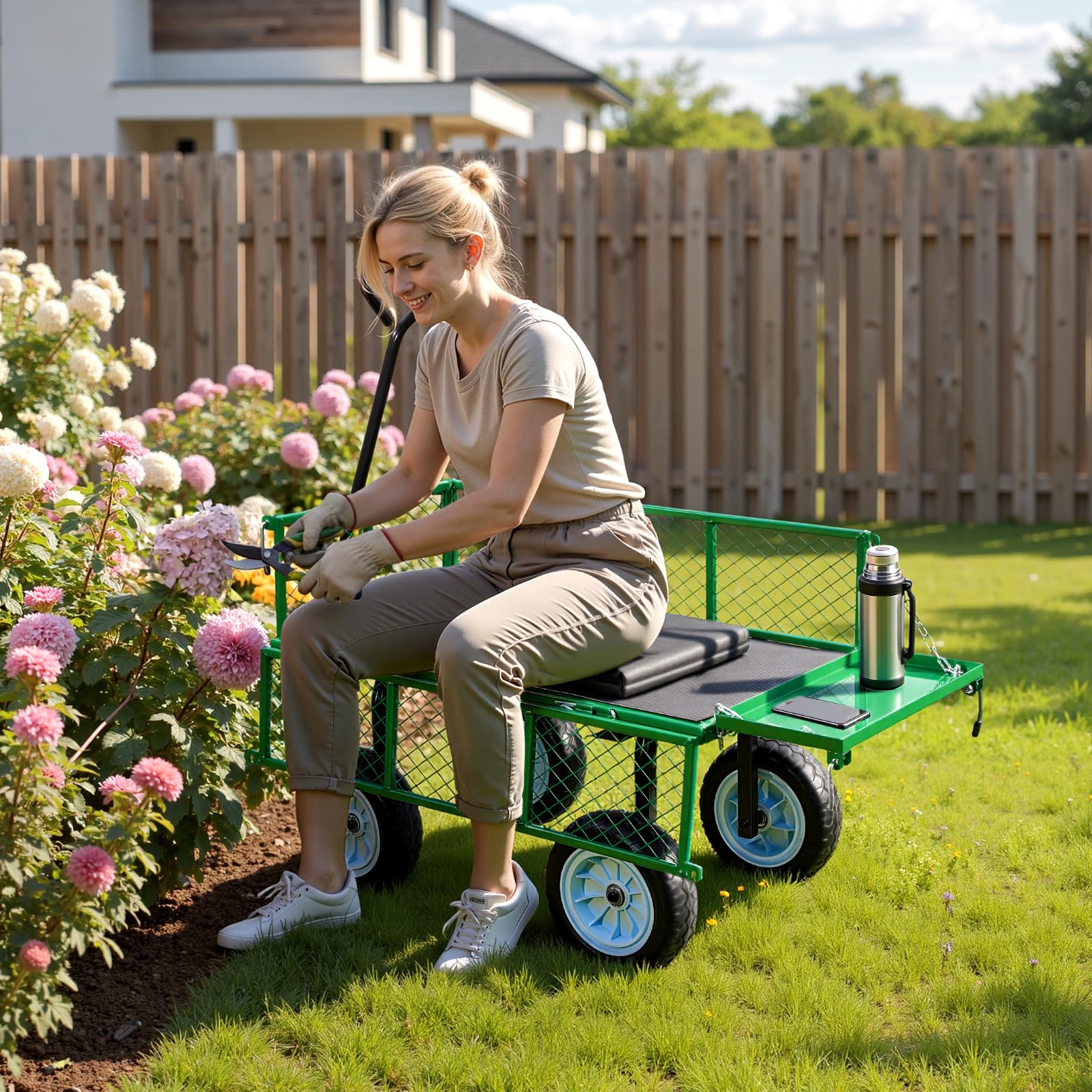 VEVOR Carrello Portaoggetti da Giardino con Sedile Carretto da Giardinaggio in Acciaio Carico max da 226,8 kg Carrello per Trasporto da Giardino con Lati Rimovibili, Legna Terra Detriti, Verde