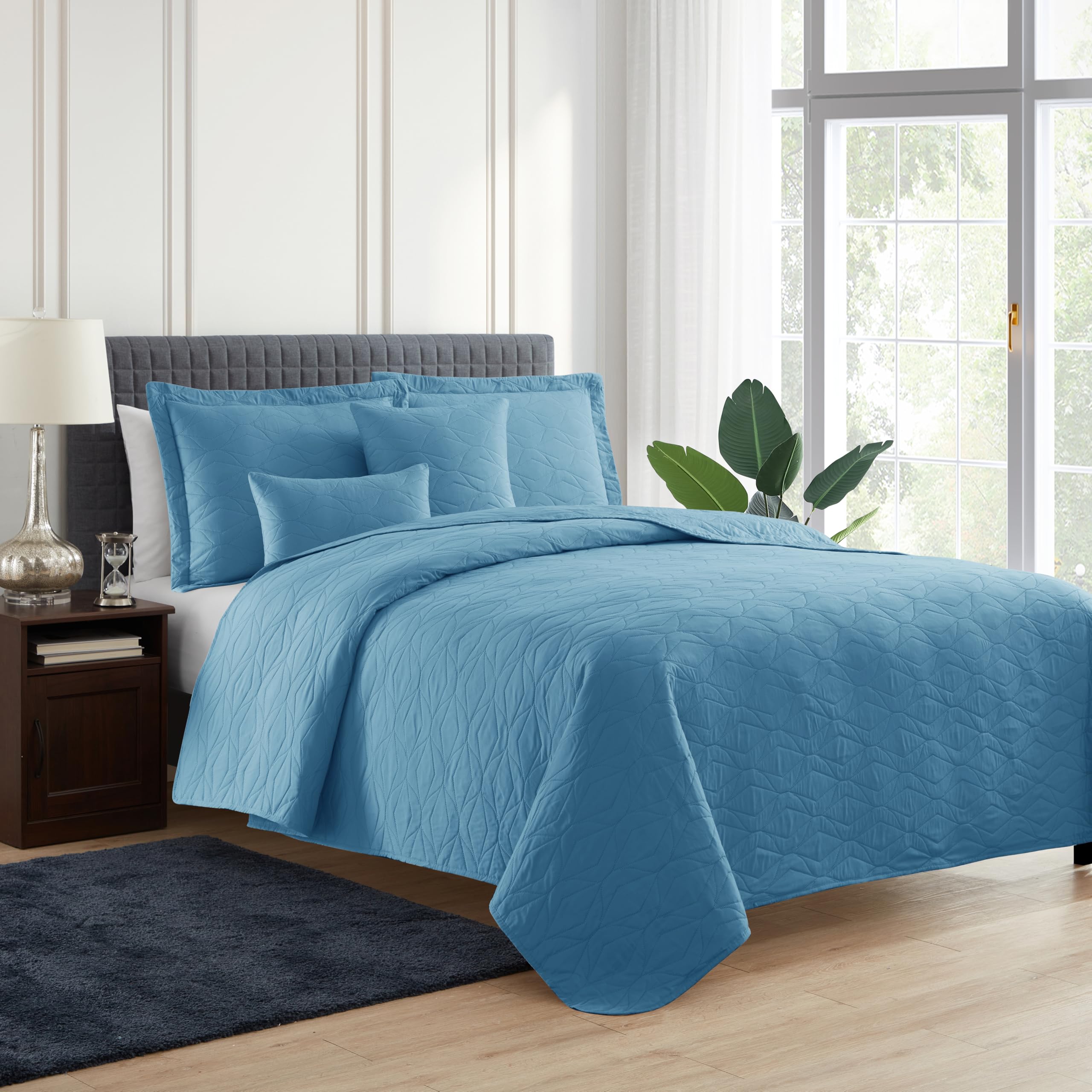 Hearth & Harbor Quilts King Size - All Season Bedspread Coverlet Set, Pinsonic Weave Lightweight Bedding Set - 7 Piece King Quilt Set with Pillow Shams, Ellipse - Blue Heaven-image-25
