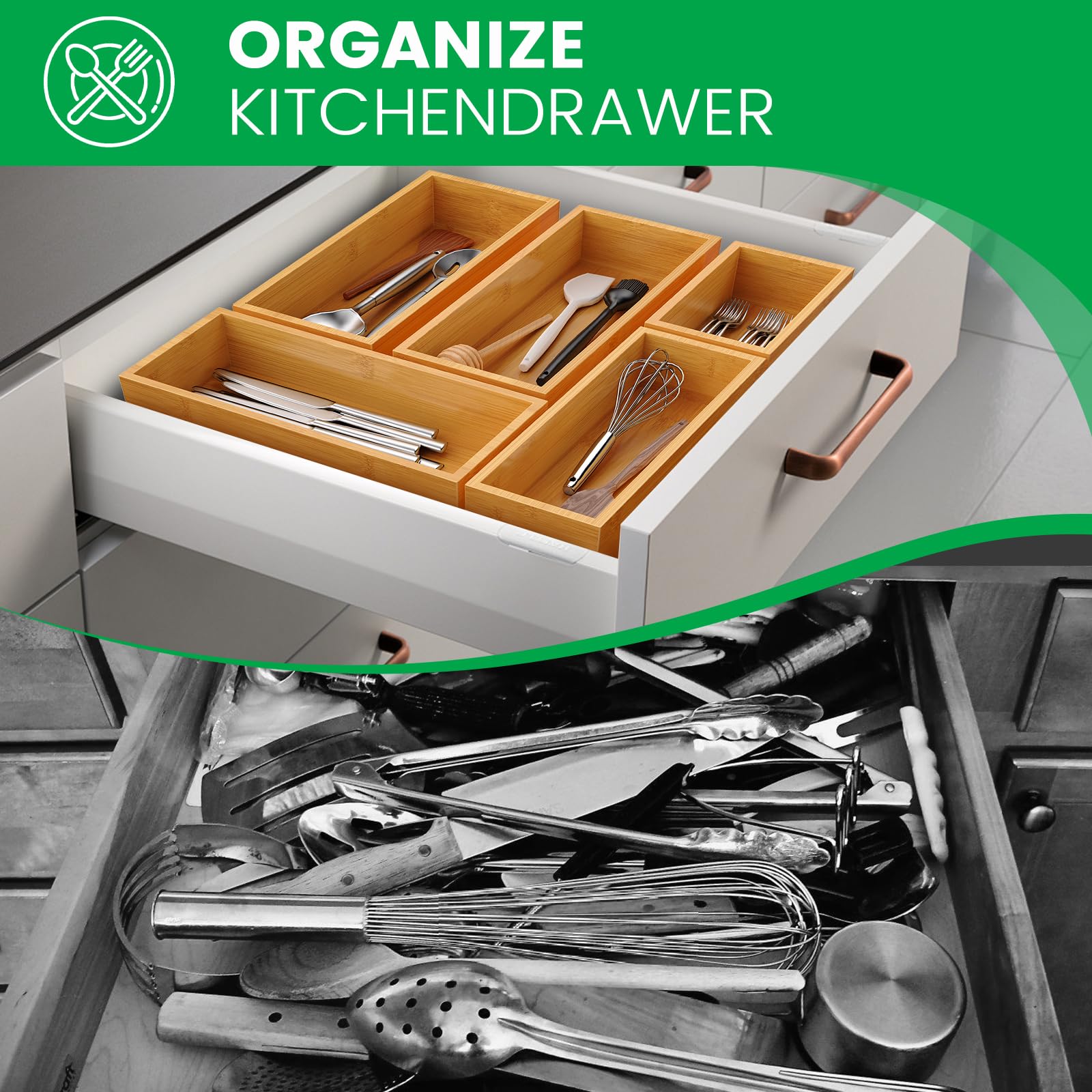 Bamboo Drawer Organizer Set, 5-Piece Storage Trays for Kitchen, Bathroom, Office Desk, Makeup & Junk Drawers,Utensils