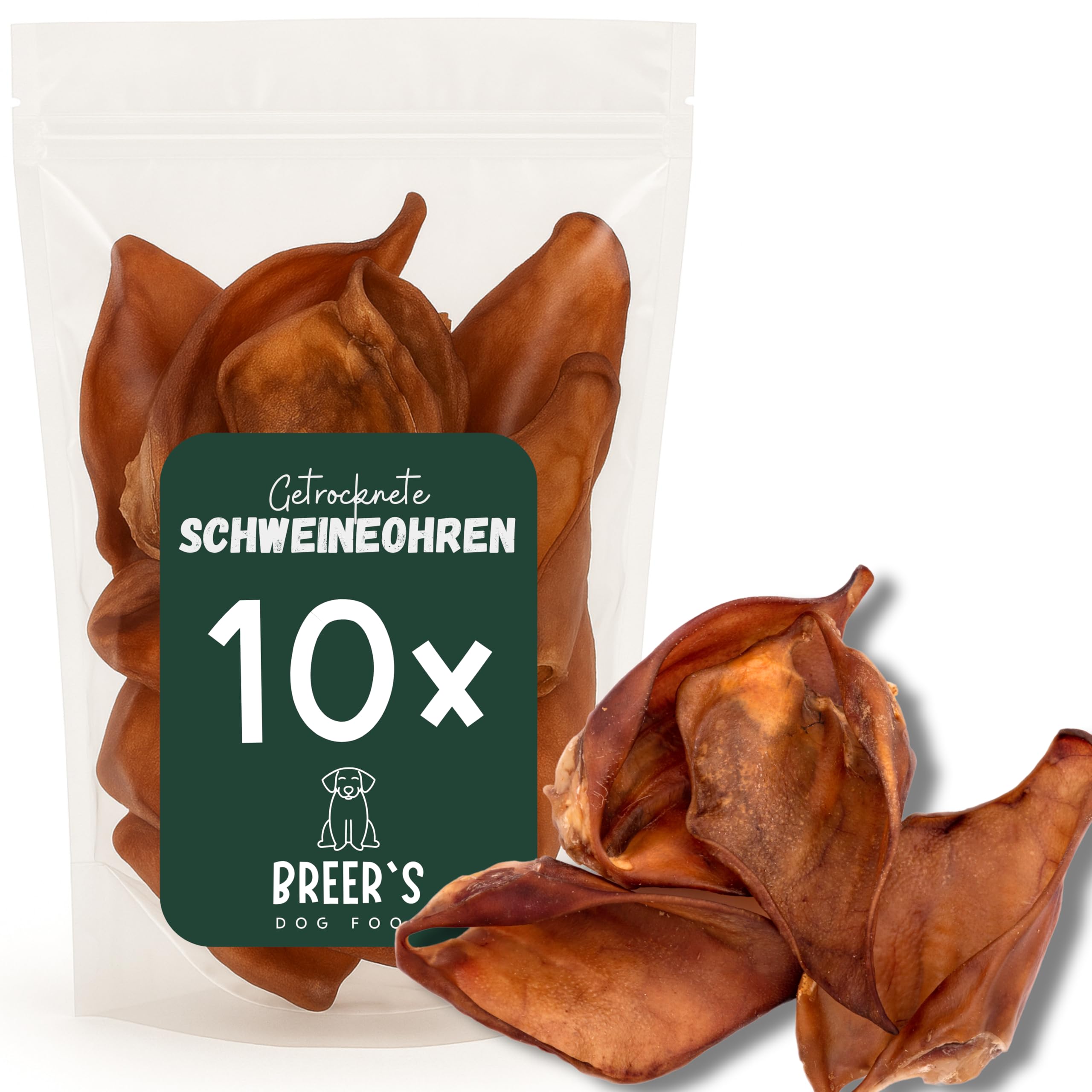 BREERs - Lot de 10 oreilles de porc séchées pour chien - Produit à mâcher - Friandises pour chien - Sans céréales - Friandises à mâcher - Fabrication allemande