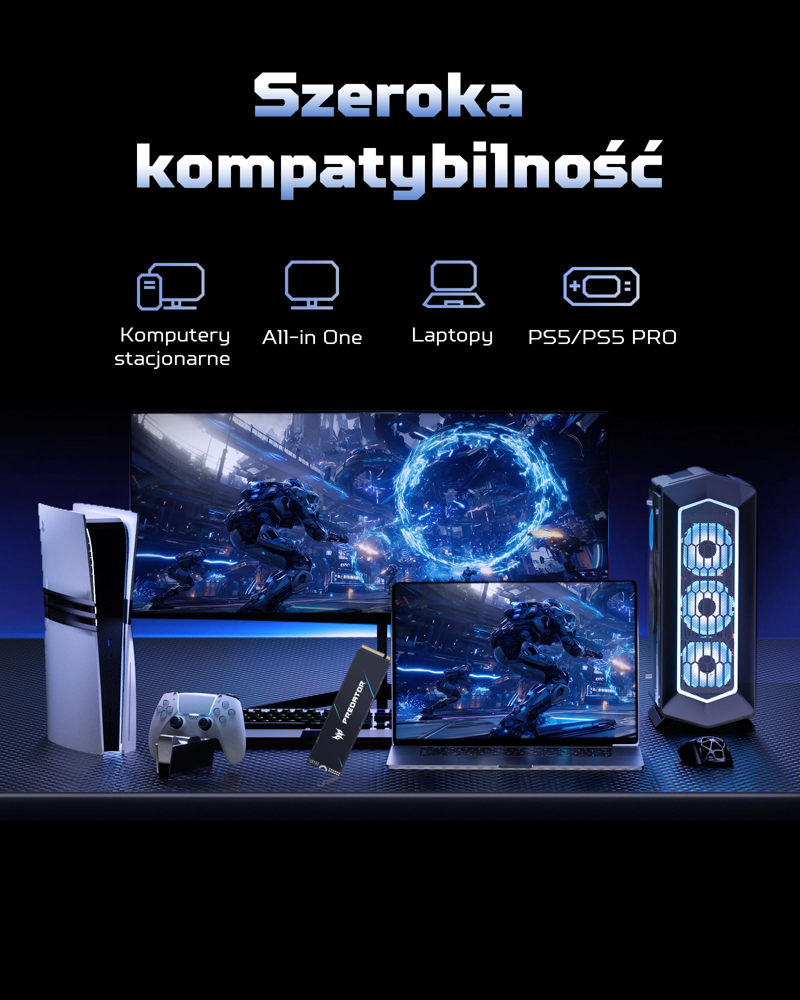 acer Predator GM7 1TB SSD, M.2 2280 PCIe Gen 4 x4 NVMe 2.0, 3D TLC NAND, prędkość odczytu do 7200 MB/s, wewnętrzny dysk półprzewodnikowy do laptopa, komputera stacjonarnego i PS5
