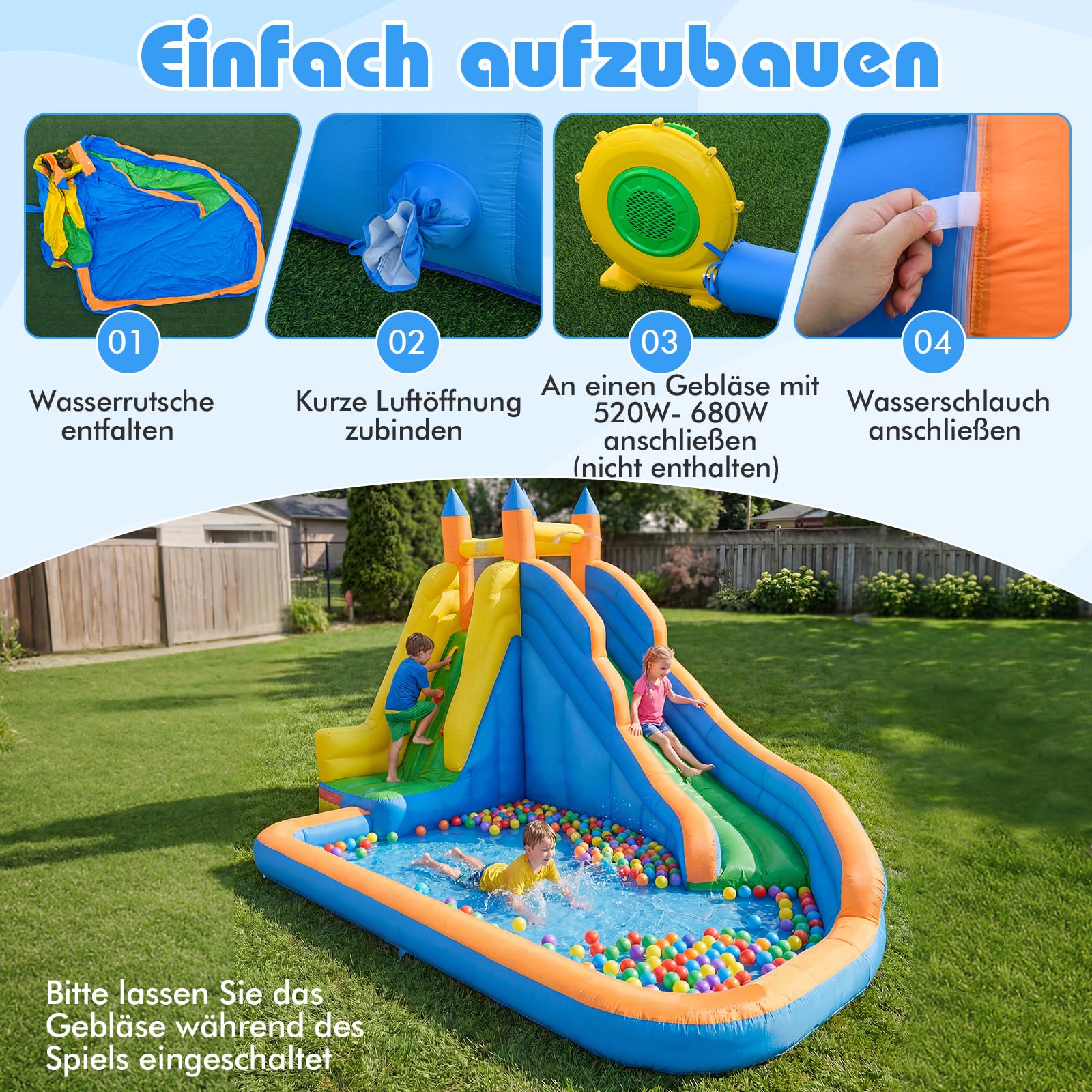 COSTWAY Hüpfburg mit Rutsche, Kletterwand & Planschbecken, Wasserhüpfburg für Kinder ab 3 Jahren, Wasserpark für Außenbereich, 400 x 309 x 245 cm