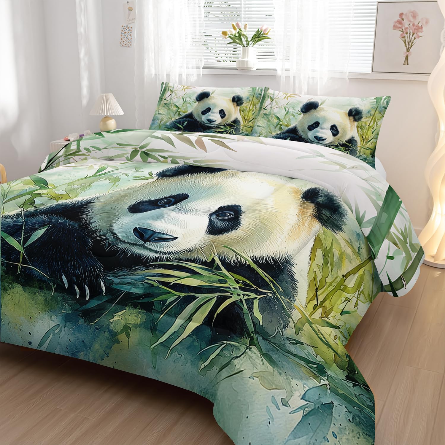 Nttopship Cute Panda Bedding Set 3 PCS Kids Panda Comforter Set Full Size for Kids Boys Girls Animal Theme Comforter Kawaii Animal Soft Machine Washable Green 1 Comforter with 2 Pillowcases