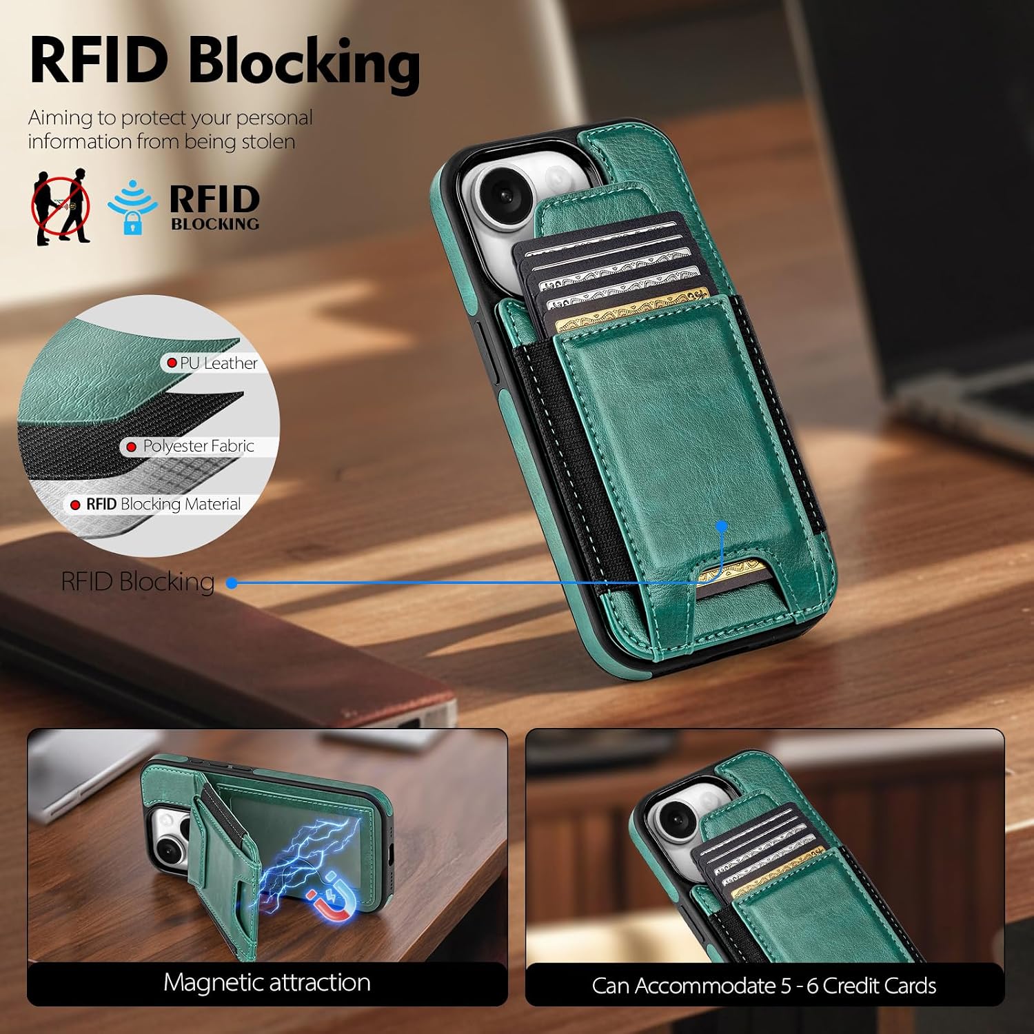 SkyEagle for iPhone 14 Case Wallet with Card Holder,Blue Green image 2