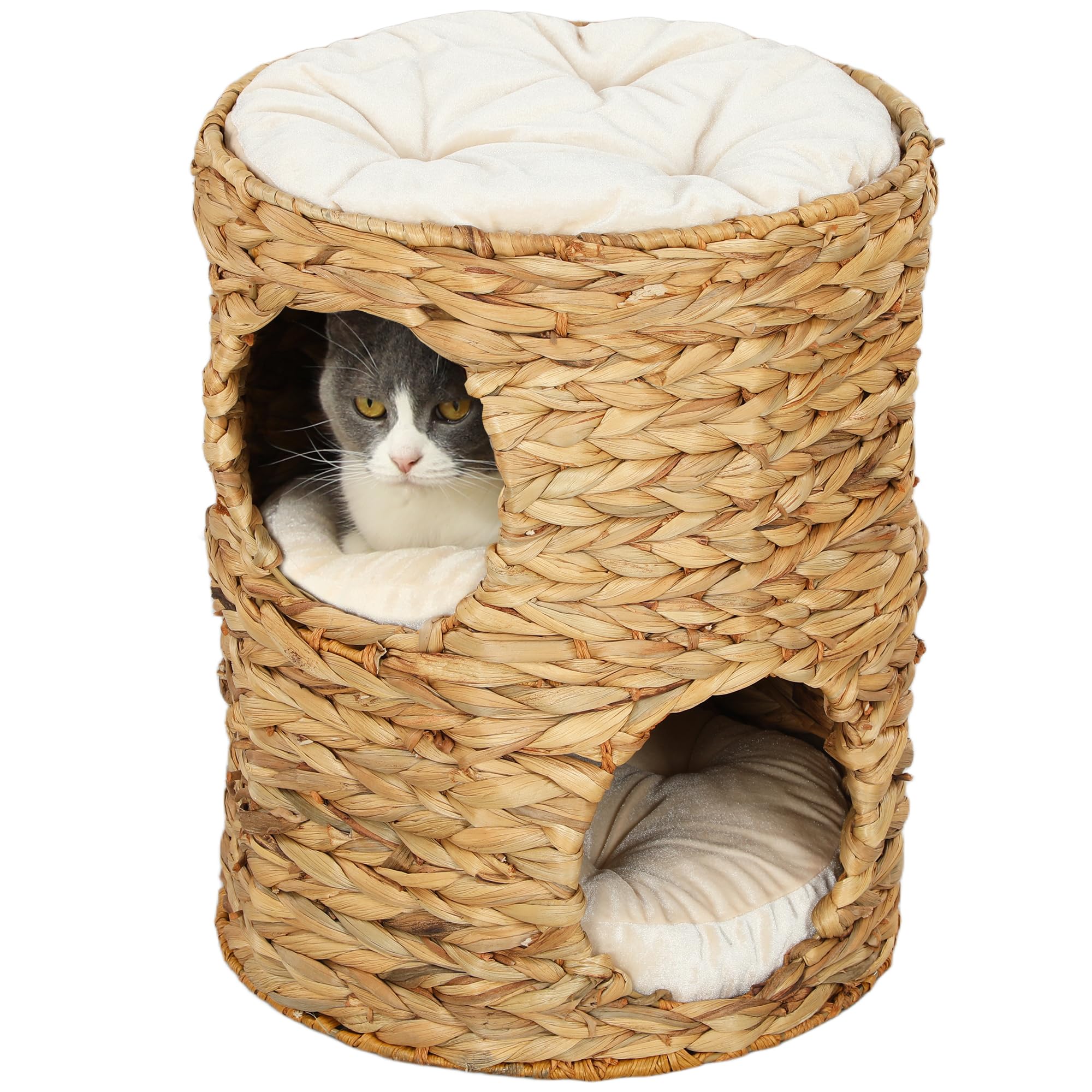 PawHut Barril rascador alto 50 cm, 2 cuevas, rascador cojín, torre agua, para gatos hasta 3,5 kg, marrón claro