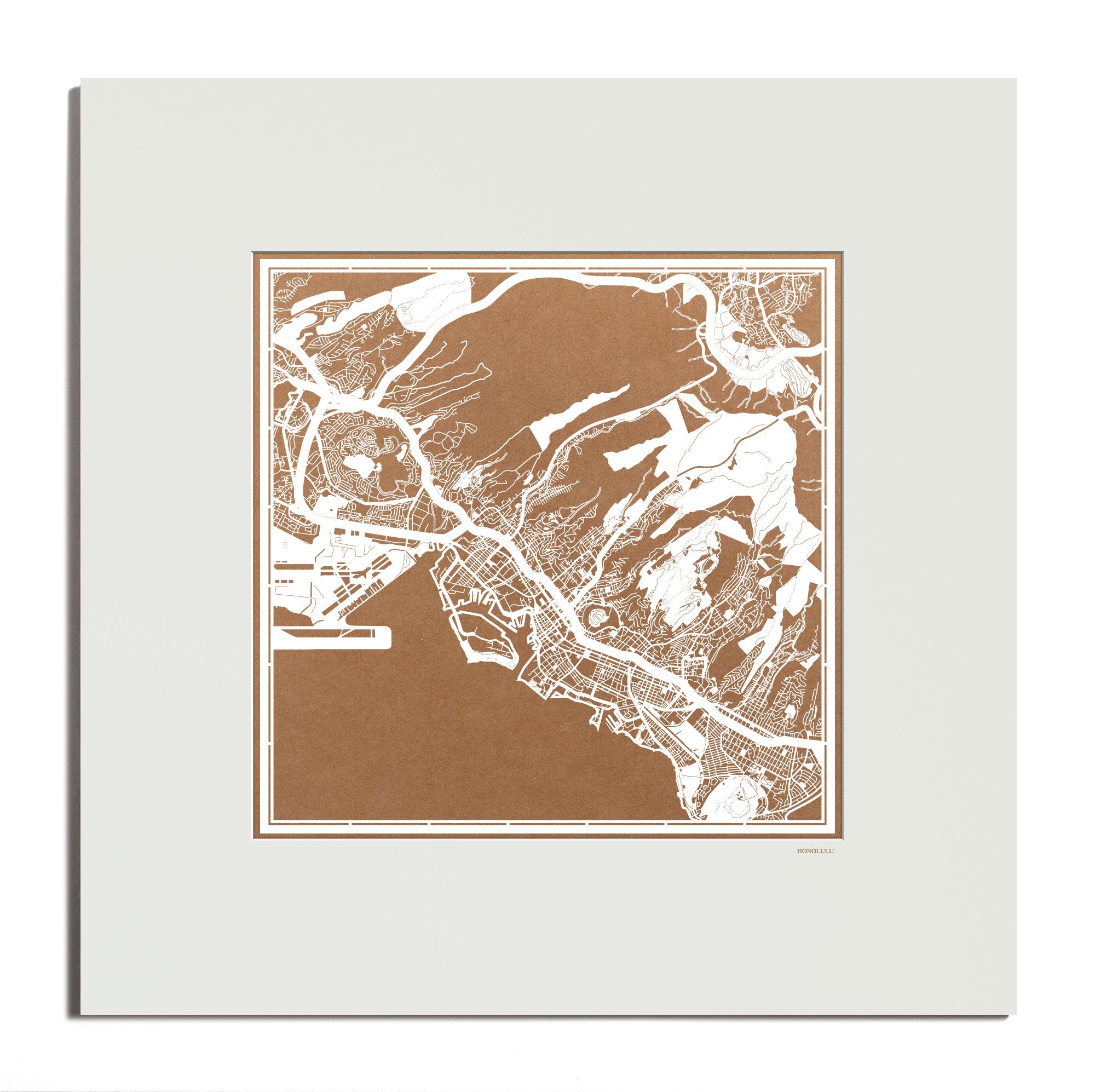 O3 Design Studio Honolulu Paper Cut Map Matted Brown 20x20 in. Paper Art