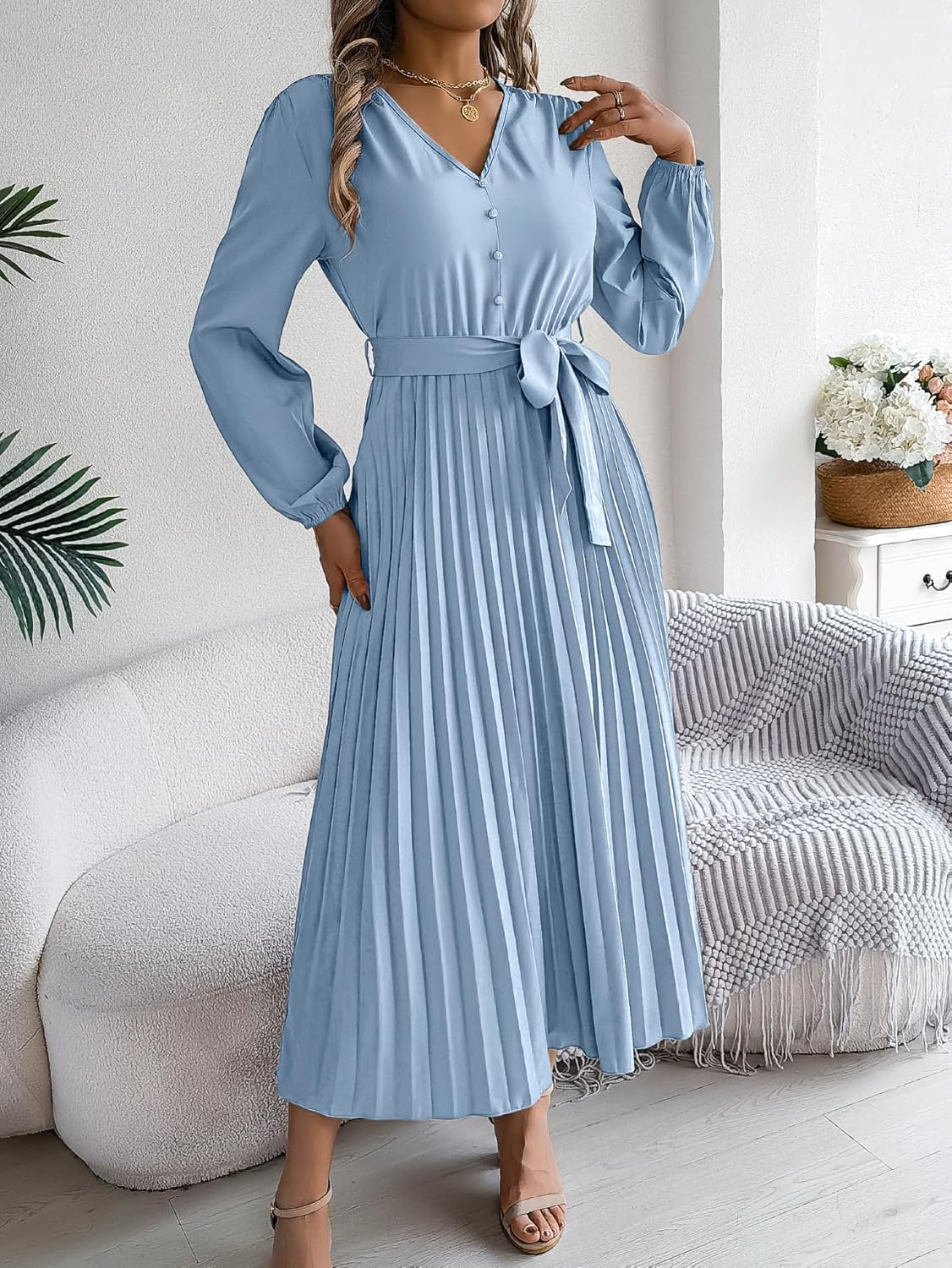 Women's Fall Long Sleeve Midi Dress V Neck Casual Loose Fit Spring Pleated A Line Flowy Vacation Dresses (US, Alpha, X-Large, Regular, Regular, Light blue-02) - Image 4