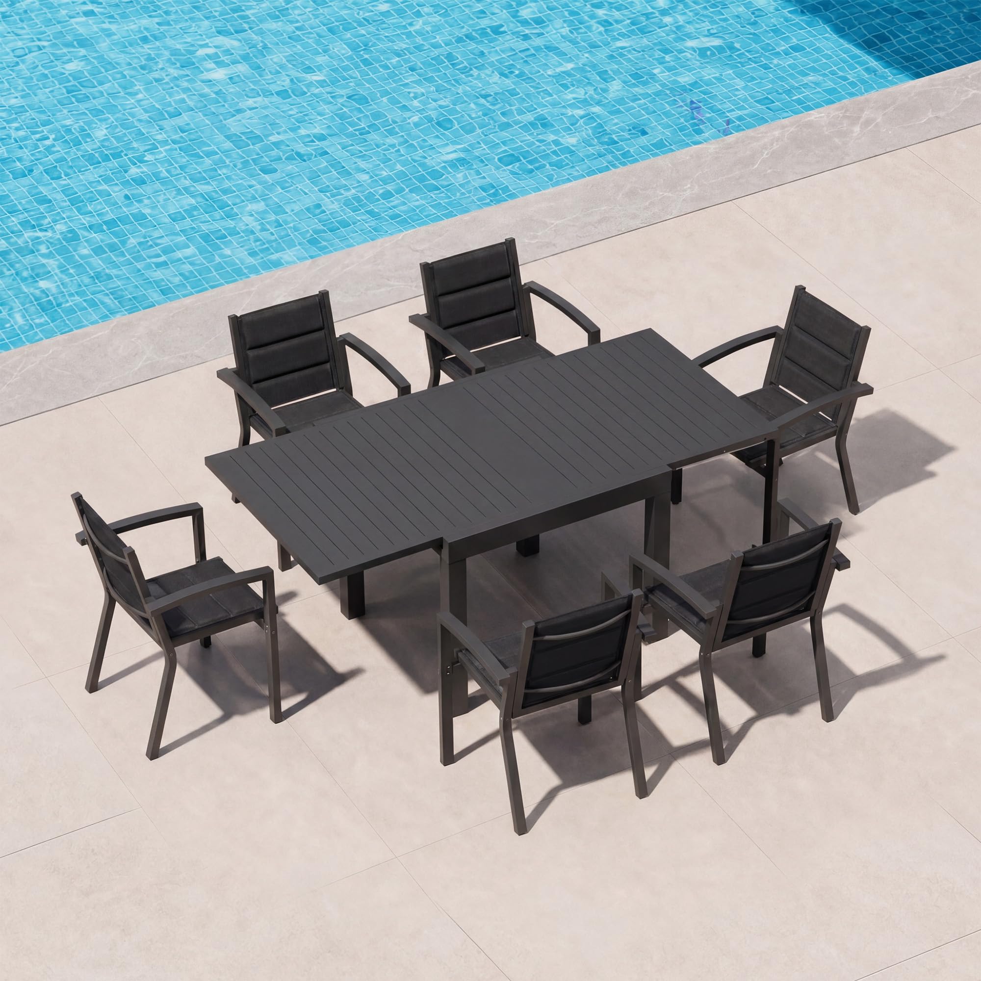 TRIUMPHKEY Gartenmöbel Set 6 Personen, Balkonmöbel mit Aluminium, 6 Stapelstühle und 1 80/160 cm Gartentisch Ausziehbar, Terassenmöbel Außen, Dunkelgrau