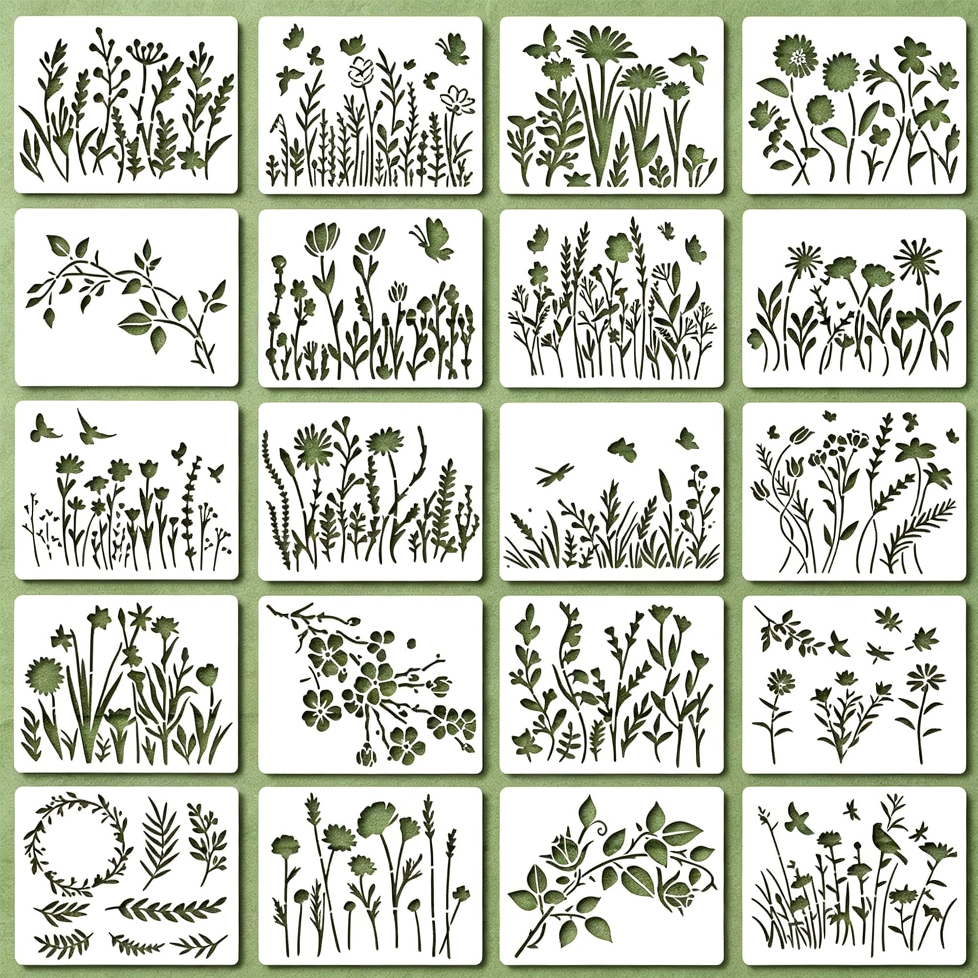 20PCS Natural Flower Stencils Reusable Templates for Crafts Painting