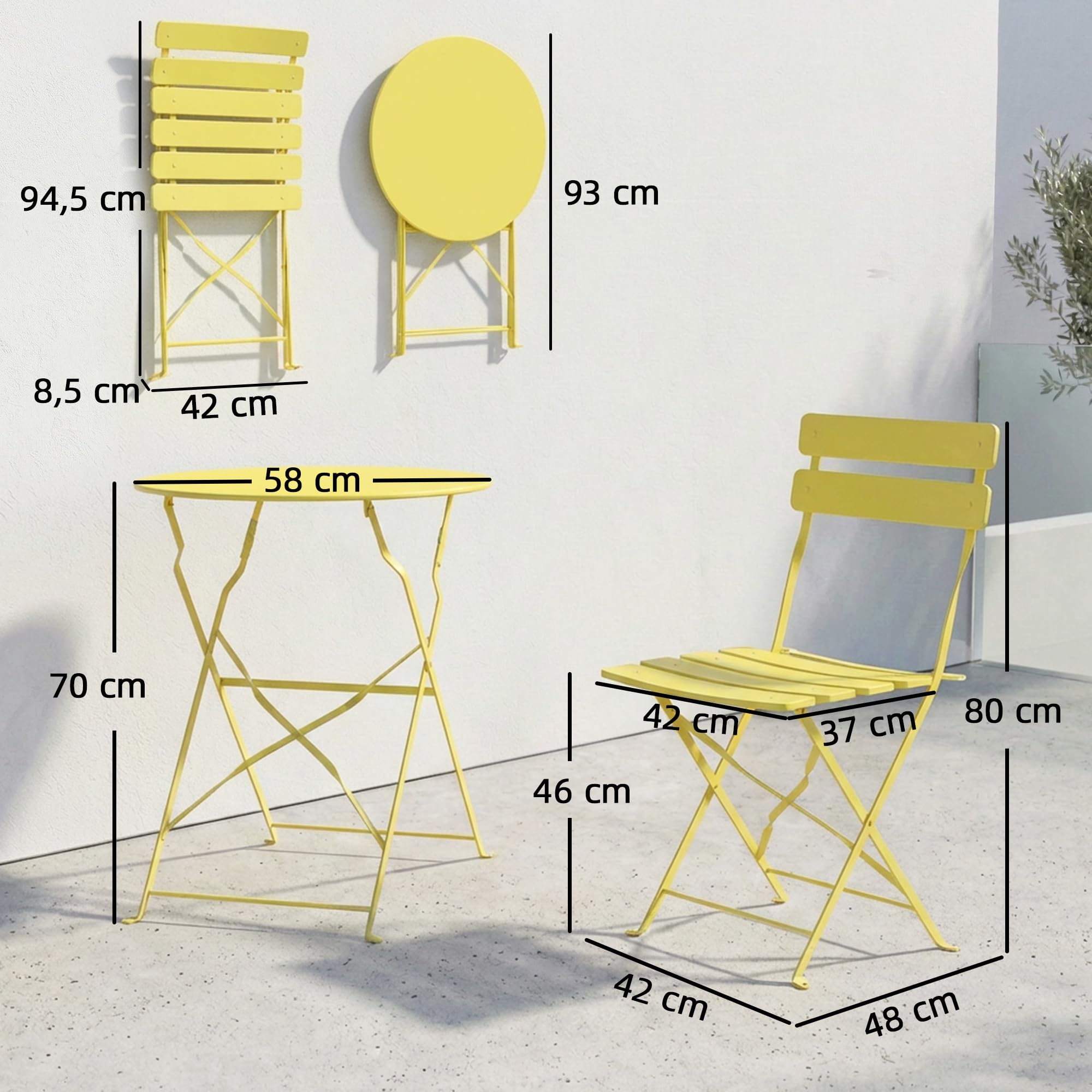 Outsunny Ensemble Bistrot de Jardin 3 Pièces san Montage - Table et 2 Chaises Pliantes à Lattes en Métal avec Double Protection Antirouille - Mobilier de Balcon et Terrasse Chic, Jaune