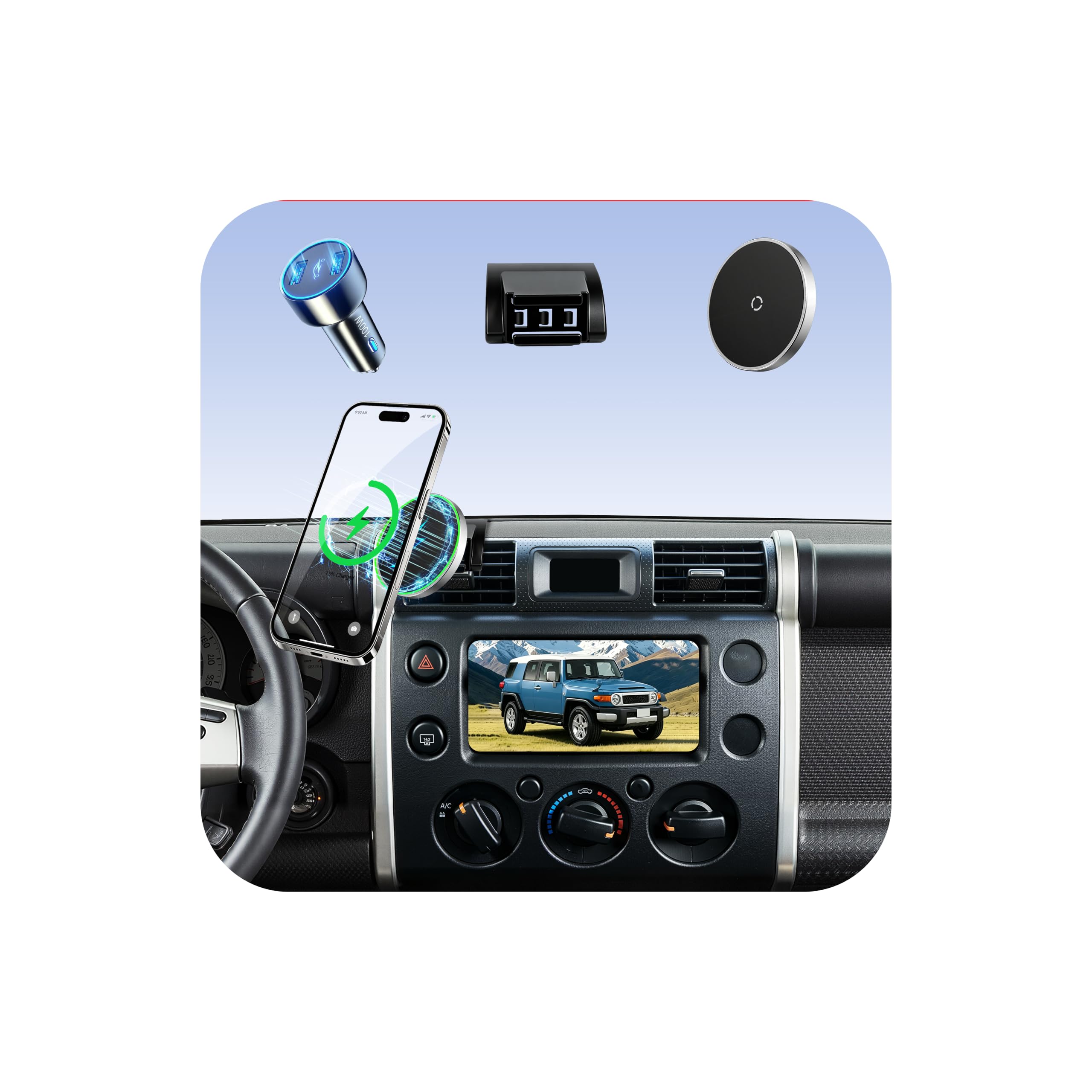 Phone Holder Mount for Toyota FJ Cruiser (2007-2014), Magnetic Phone Holder, Magsafe Car Mount Charger, Dashboard Phone Holder, 15W Wireless Fast Charging for iPhone &amp; Android, Included Car Adapter