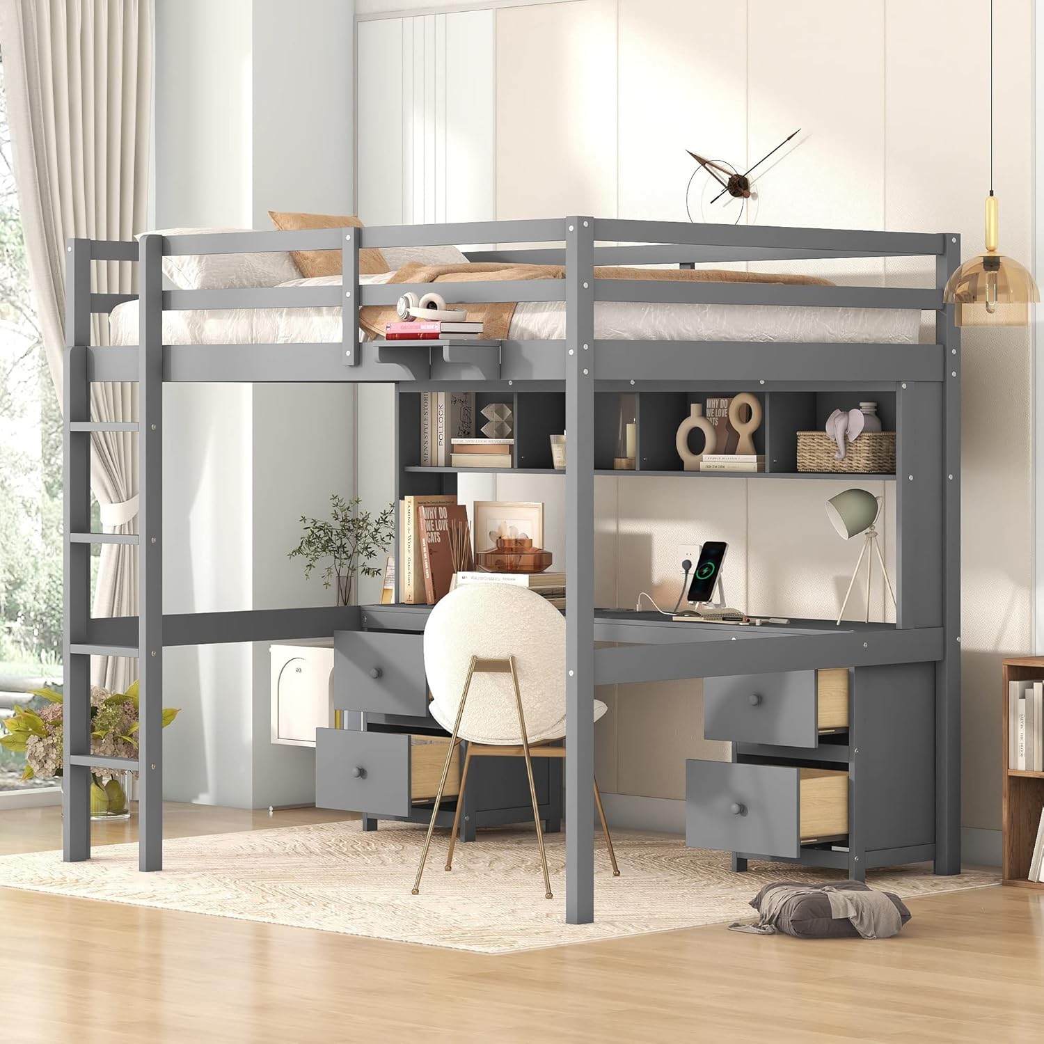 Full Size Wood Loft Bed High Study Loft Bed w/Desk