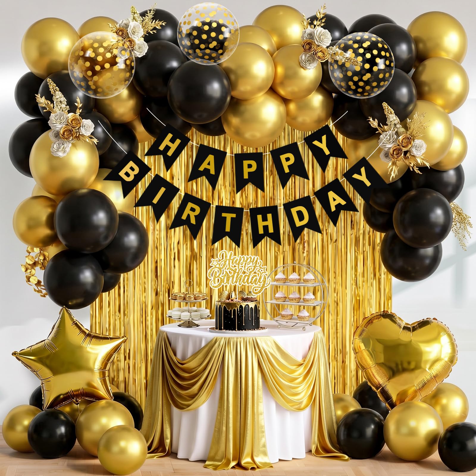 48 Black Gold Birthday Decoration - Balloon Banner