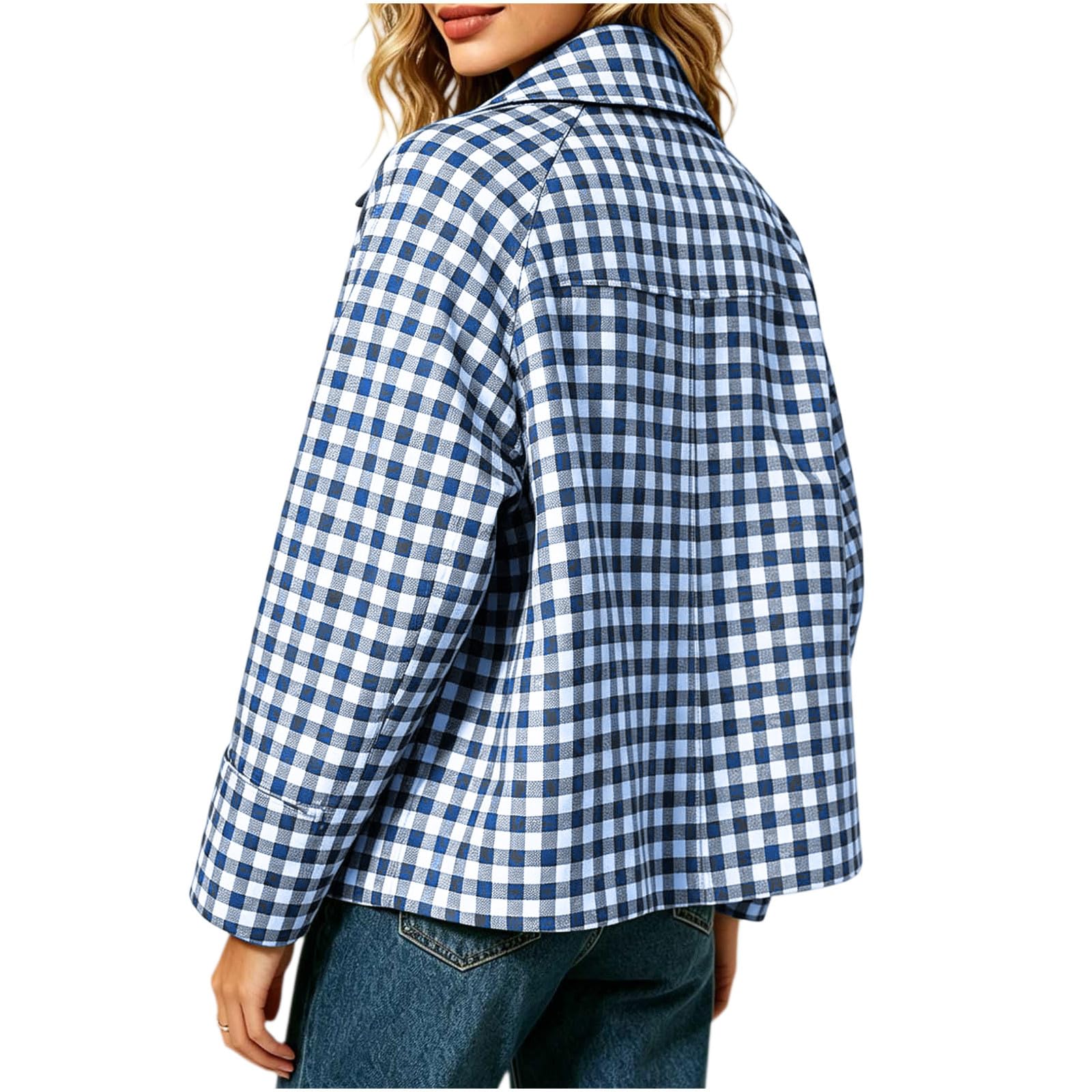 Karierte Übergangsjacke Damen Leicht Kurze Herbstjacke Freizeit Kurzjacke