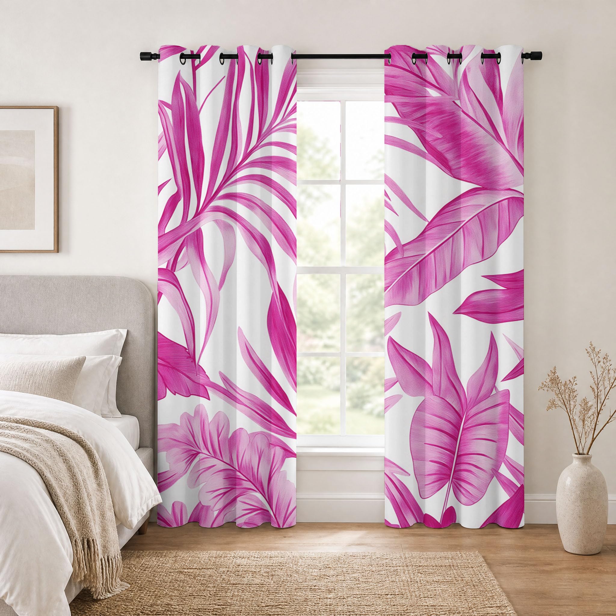 95% Rideaux Stampa a base vegetale Foglie di palma e foglie di banano, Isolation Thermiques, Tissu Doux et Infroissable,pour Chambre Salon Cuisine, Rosa 117 X 137 cm Lot de 2