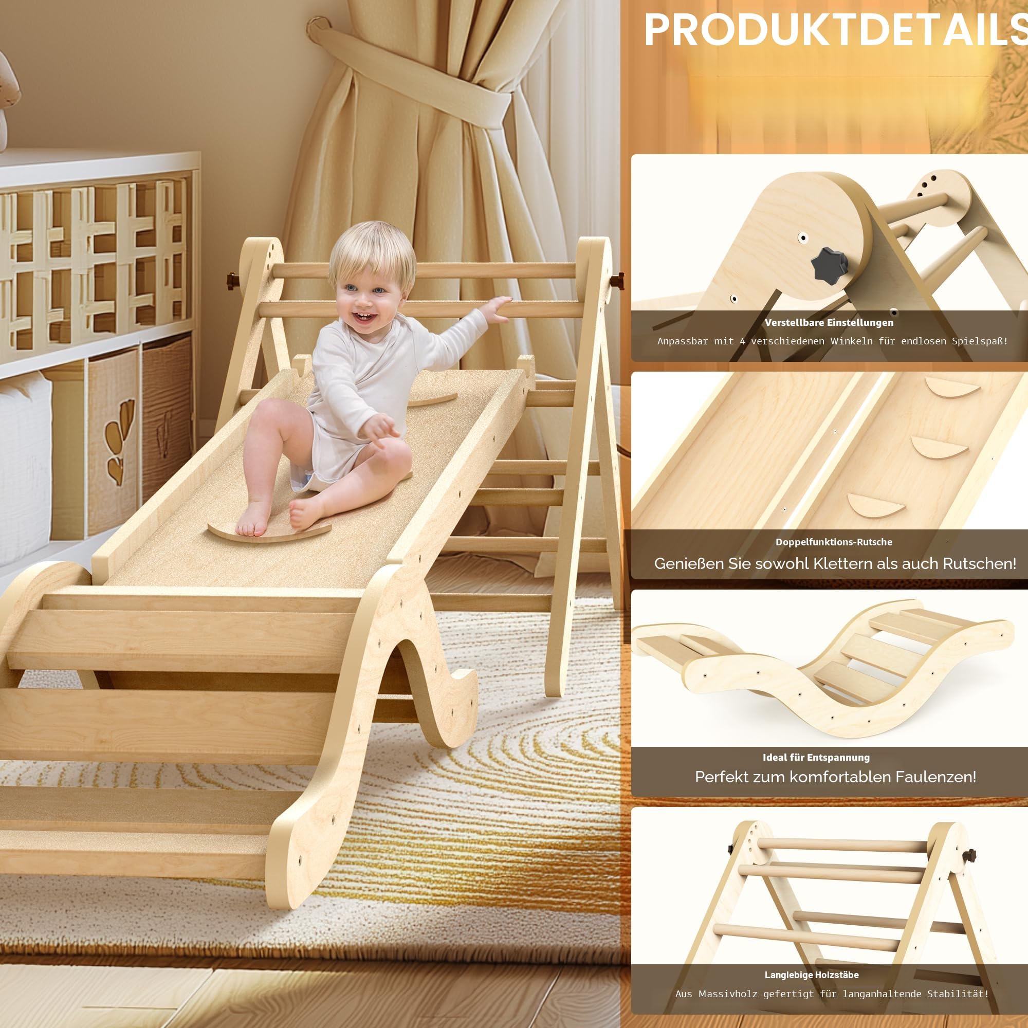 Montessori Indoor Spielset: 7-in-1 Klettergerüst mit Rutsche, Bogen & Matte für Kleinkinder und Kinder (1-3 Jahre)