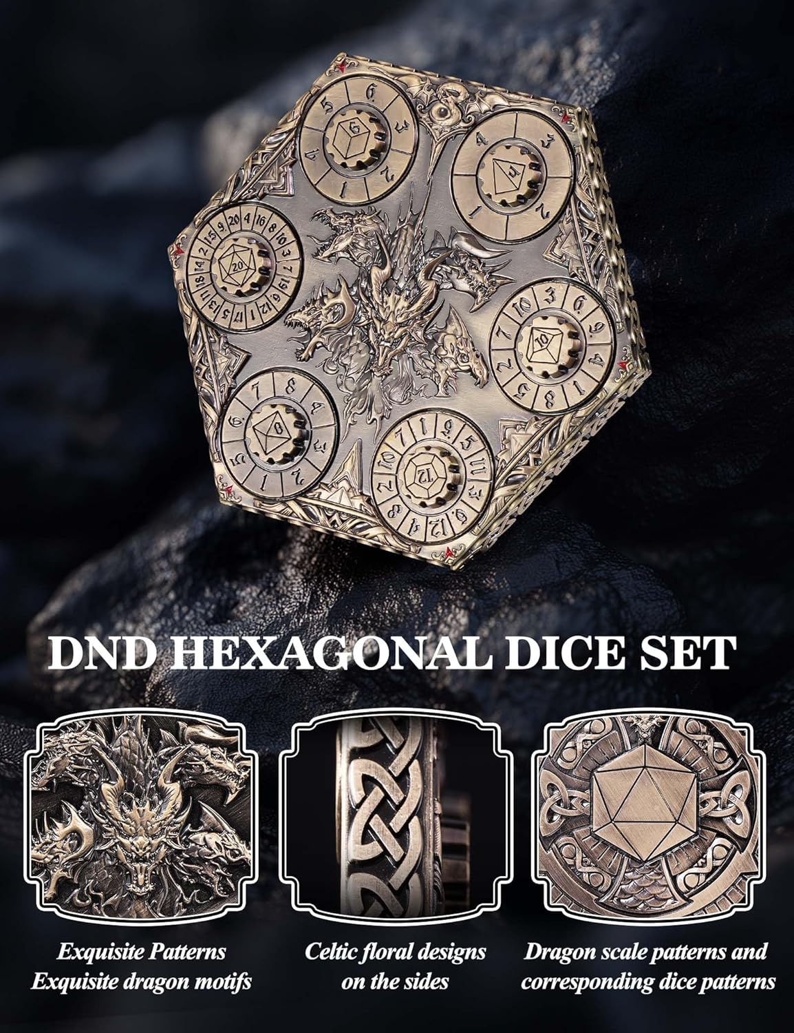 D&D Dice Set,7PCS Metal Dice for Dungeons and Dragons,Mini Dice Set with Pocket Watch Case,Role Playing Board Games Accessories (Dragon, Bronze-S)