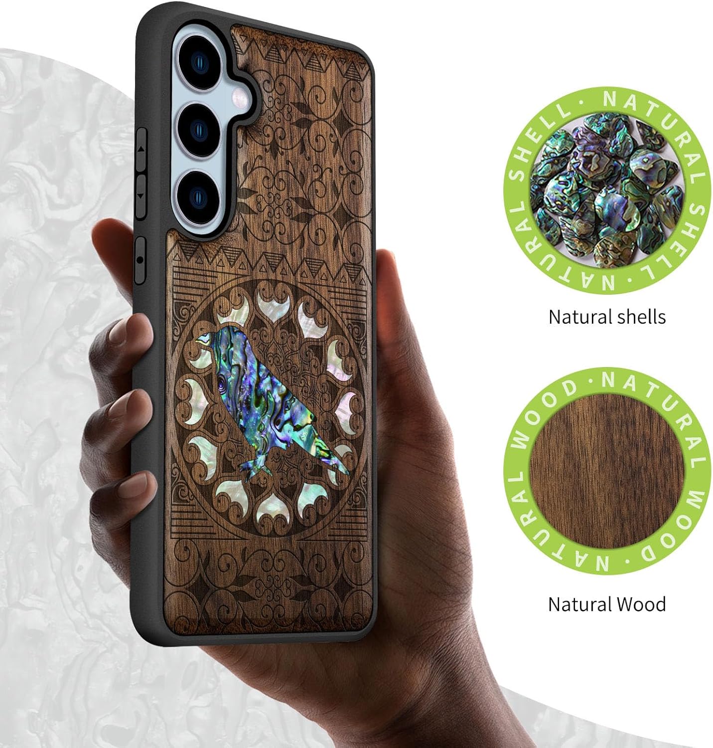 Carveit Designer Wooden Case for Samsung Galaxy S24 FE Case [Wood Engraving & Shell Inlay] Compatible with Wireless Chargers S24 FE Cover (The Zentangle Crow-Walnut)