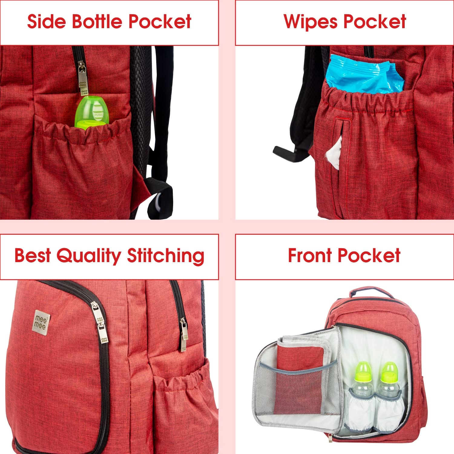 Mee Mee Maternity Diaper Bag | Spacious, Stylish, Functional, Convenient for Moms on the Go | Waterproof and Stain Resistant Travel Essential with Multiple Pockets and Diaper Changing Pad (Maroon)