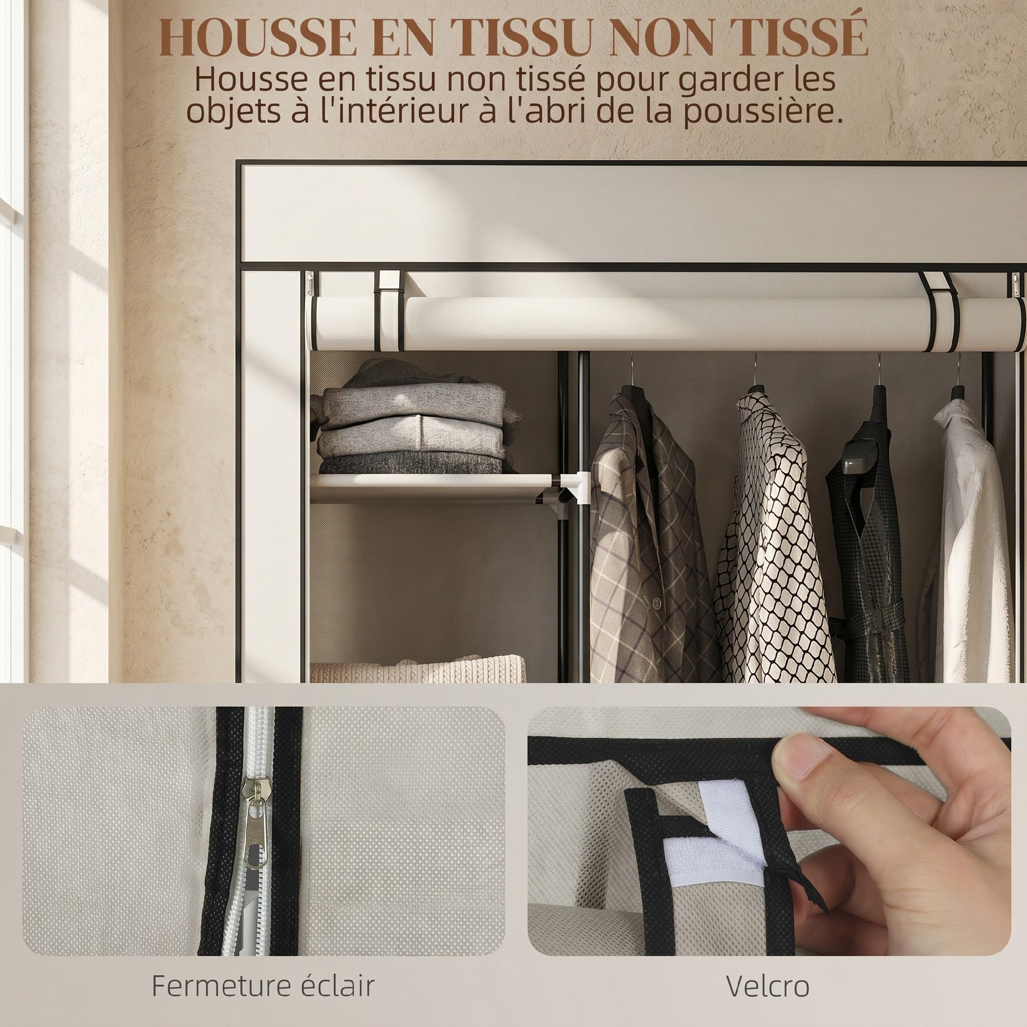HOMCOM Armoire penderie en Tissu Meuble de Rangement Mobile 6 roulettes avec Tringle à vêtements et étagères Ouvertes penderie vêtement Dressing Roulant pour Chambre à Coucher 103x43x162,5cm crème