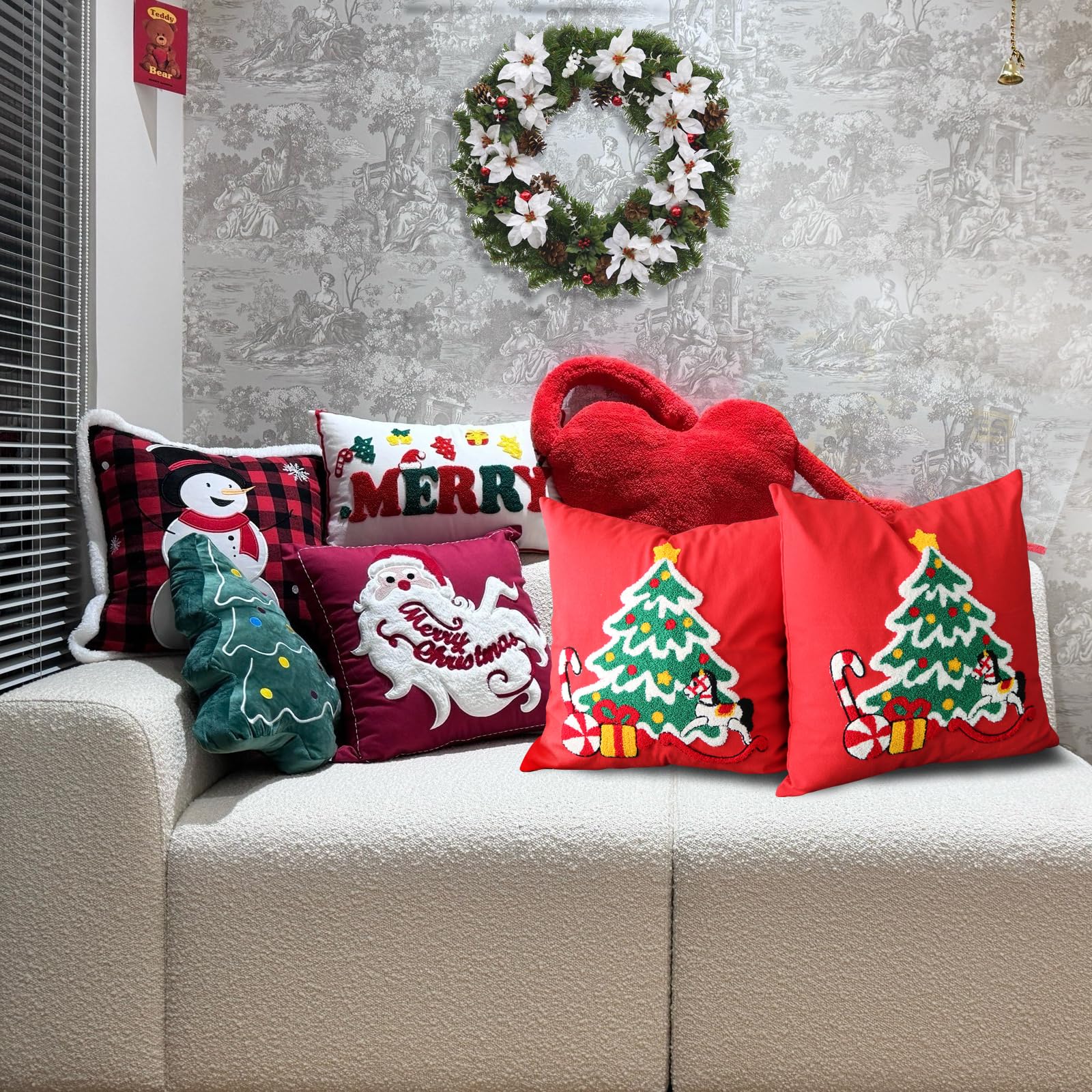 Set di 2 federe per cuscini ricamate con alberi di Natale, per divano, 45 x 45 cm, decorazione natalizia per la casa (rosso)